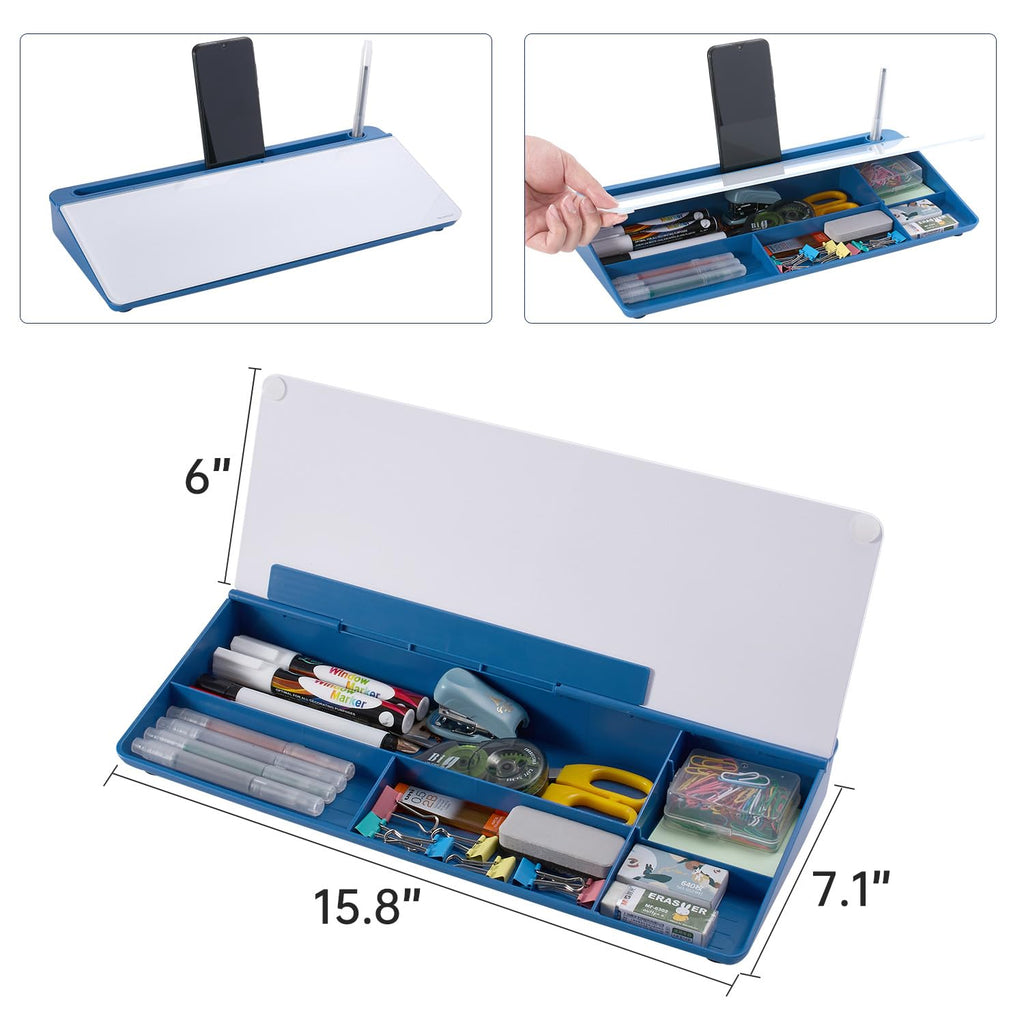 Desktop Whiteboard Dry-Erase-Board - Computer Keyboard Stand White Board Surface Pad with Drawer, Desk Organizers with Accessories for Office, Home, School Supplies - Blue