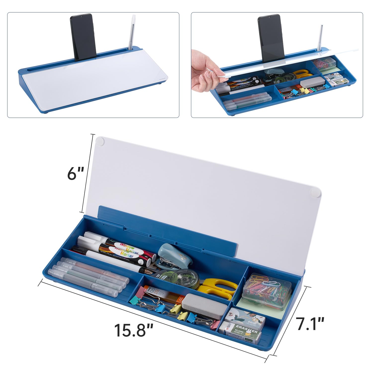 Desktop Whiteboard Dry-Erase-Board - Computer Keyboard Stand White Board Surface Pad with Drawer, Desk Organizers with Accessories for Office, Home, School Supplies - Blue