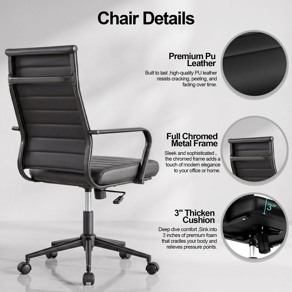 Leather Office Desk Chair, Conference Room Chairs Executive Chair Ribbed, Ergonomic Height Adjustable Swivel Rolling Chair for Home Office