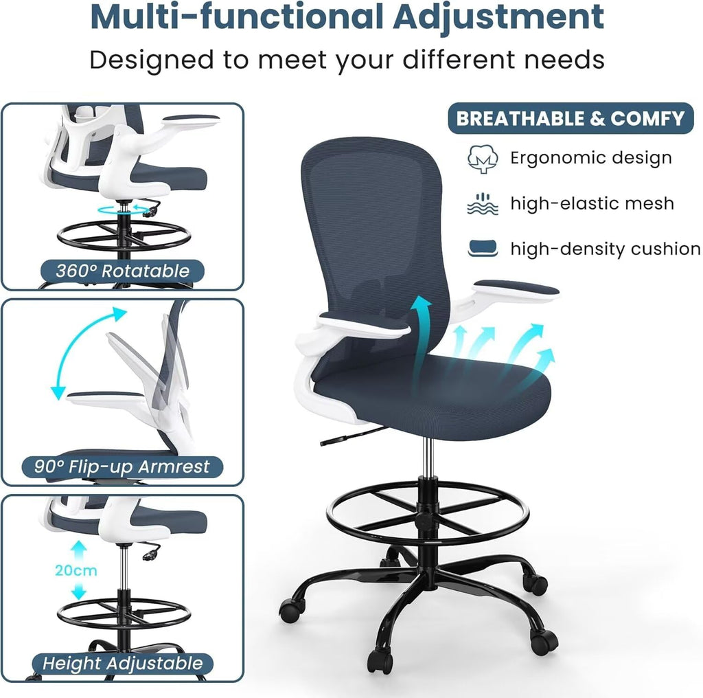 Drafting Chair Executive Ergonomic Computer Standing Desk Chair, Tall Office Chair with Lumbar Support, Flip-Up Armrests, Adjustable Footrest Ring, Comfortable Swivel Chair for Workstations Dark Grey