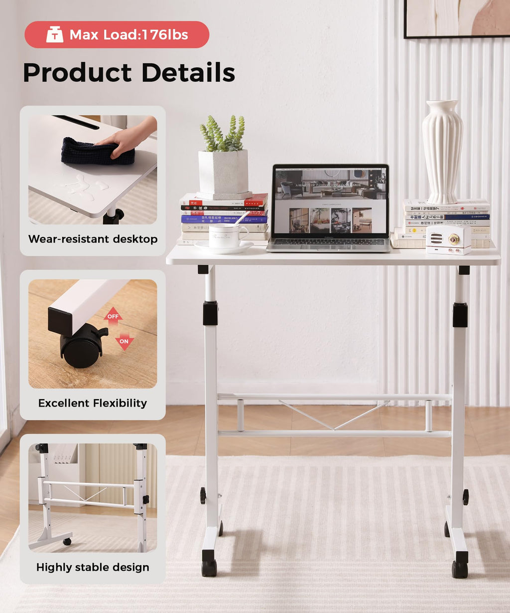 Standing Desk Adjustable Height, Mobile Stand Up Desk with Wheels Small Computer Desk Rolling Desk, Portable Laptop Desk White Standing Table Home Office Desks 16"x31.5" Height 27"-43.5"