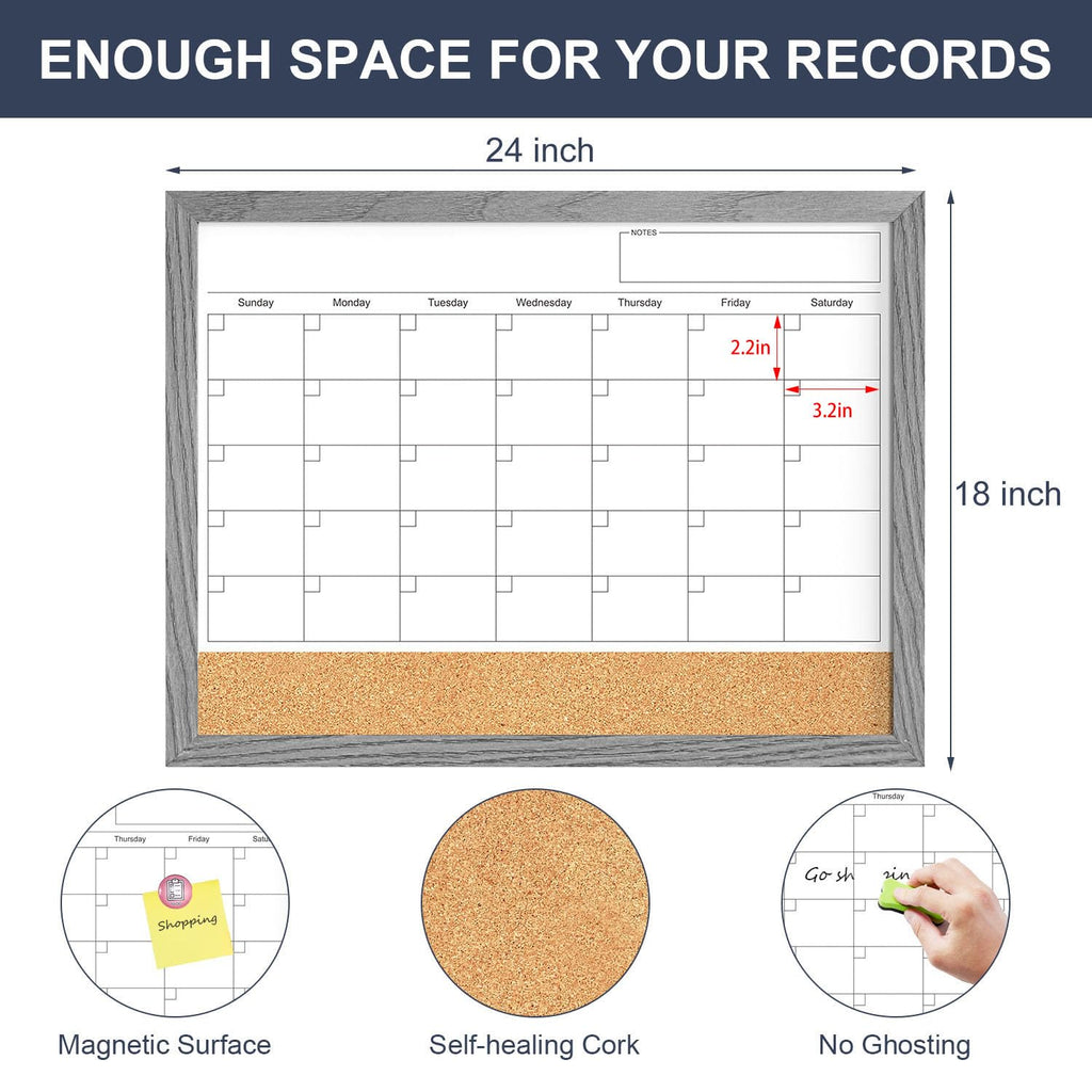 Calendar Whiteboard for Wall, 18x24 Inches Dry Erase Calendar Cork Board Combo, Magnetic Monthly White Board with Wood Framed, Hanging Dry Erase Board for Home Kitchen Office Planner Memo