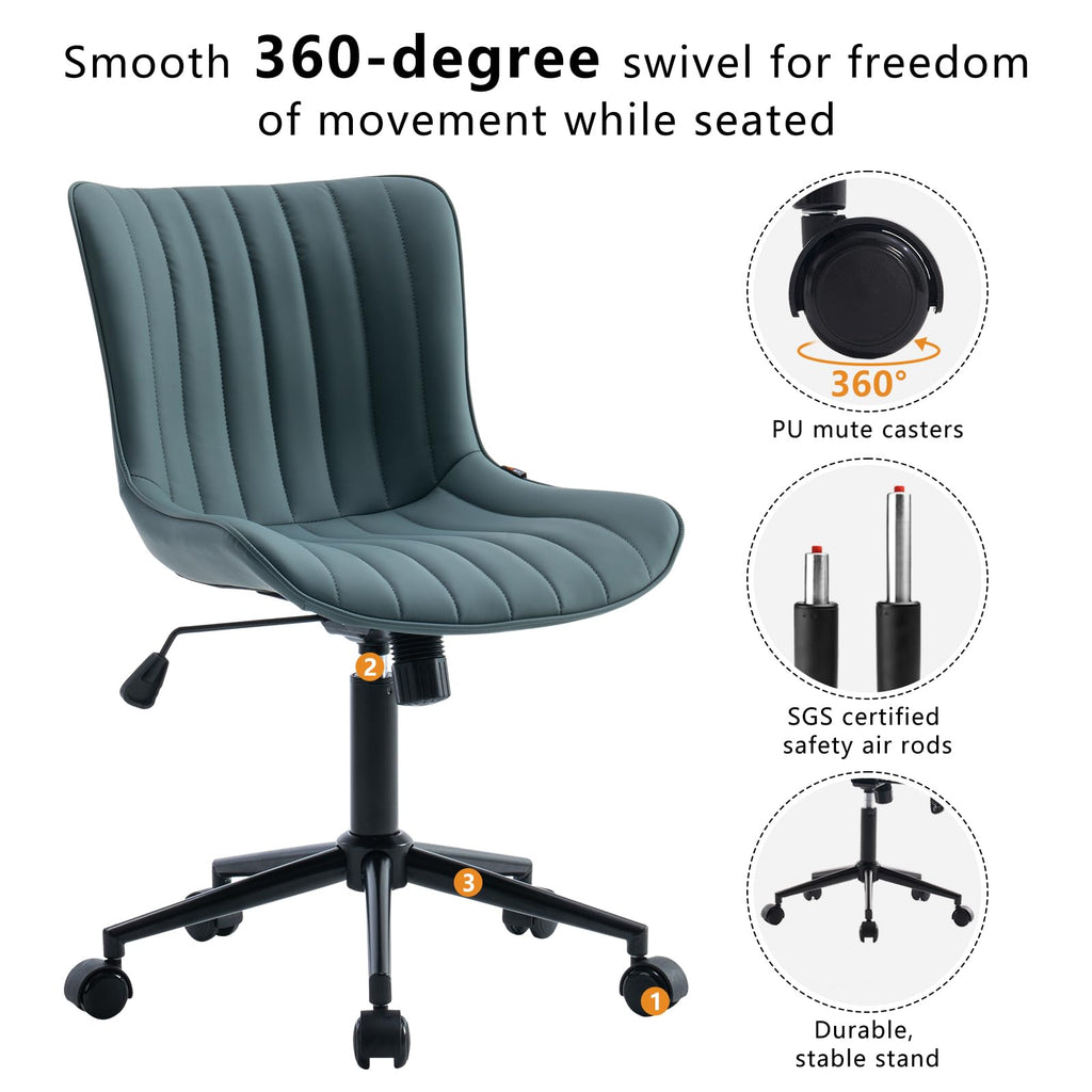 Ergonomic Armless Office Chair Faux Leather Small Cute Desk Chair with 12° Rocking Back Adjustable Height Swivel Vanity Chair Compact Computer Rolling Task Chair for Small Spaces Greyish Green