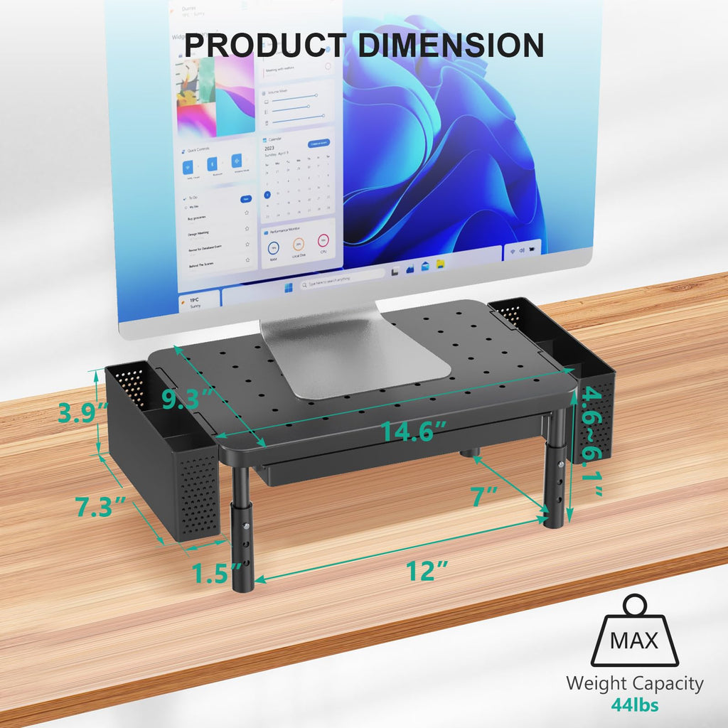 Computer Monitor Stand with Storage, Desk Organizer with Drawer and Pen Holder, Desk Monitor Riser 3 Height Adjustable, Laptop Riser for Computer, Laptop, Printer(PTT003-B), 1 Pack, Black