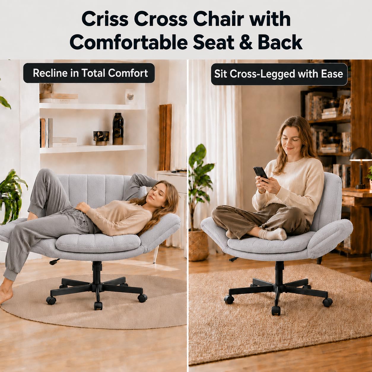 Criss Cross Office Chair with Wheels and Arms, Vanity Chair with Back, Comfy Swivel Cross Legged Office Chairs for Ultimate Comfort and Support, Unique Multifunctional Stylish Arms (Fabric Gray)
