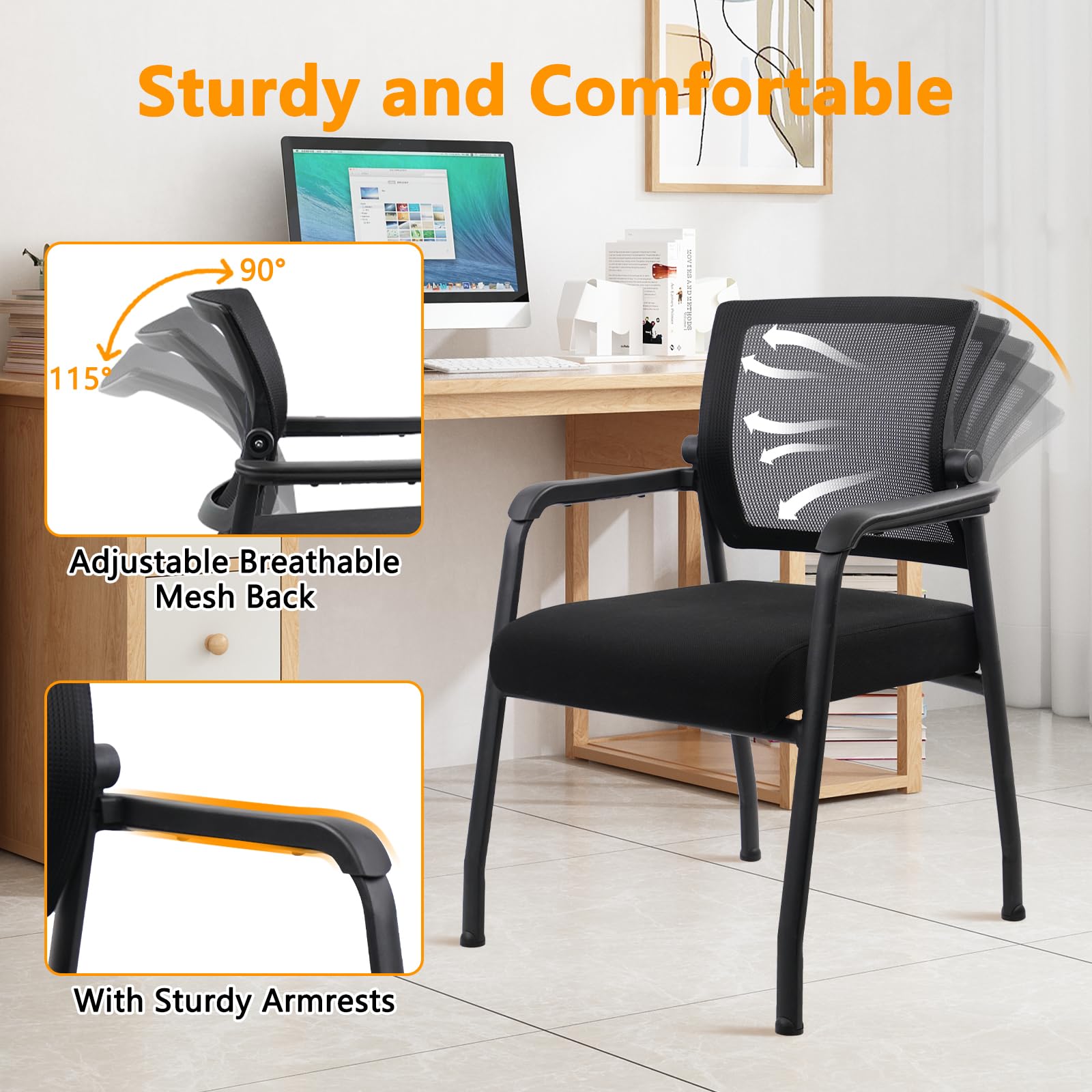4PACK, Desk Chair No Wheels with Adjustable Mesh Backrest, Arm Chair with Ergonomic Lumbar Support and Thickened Seats Cushion, Waiting Room Chairs for Office School Church Guest Reception,