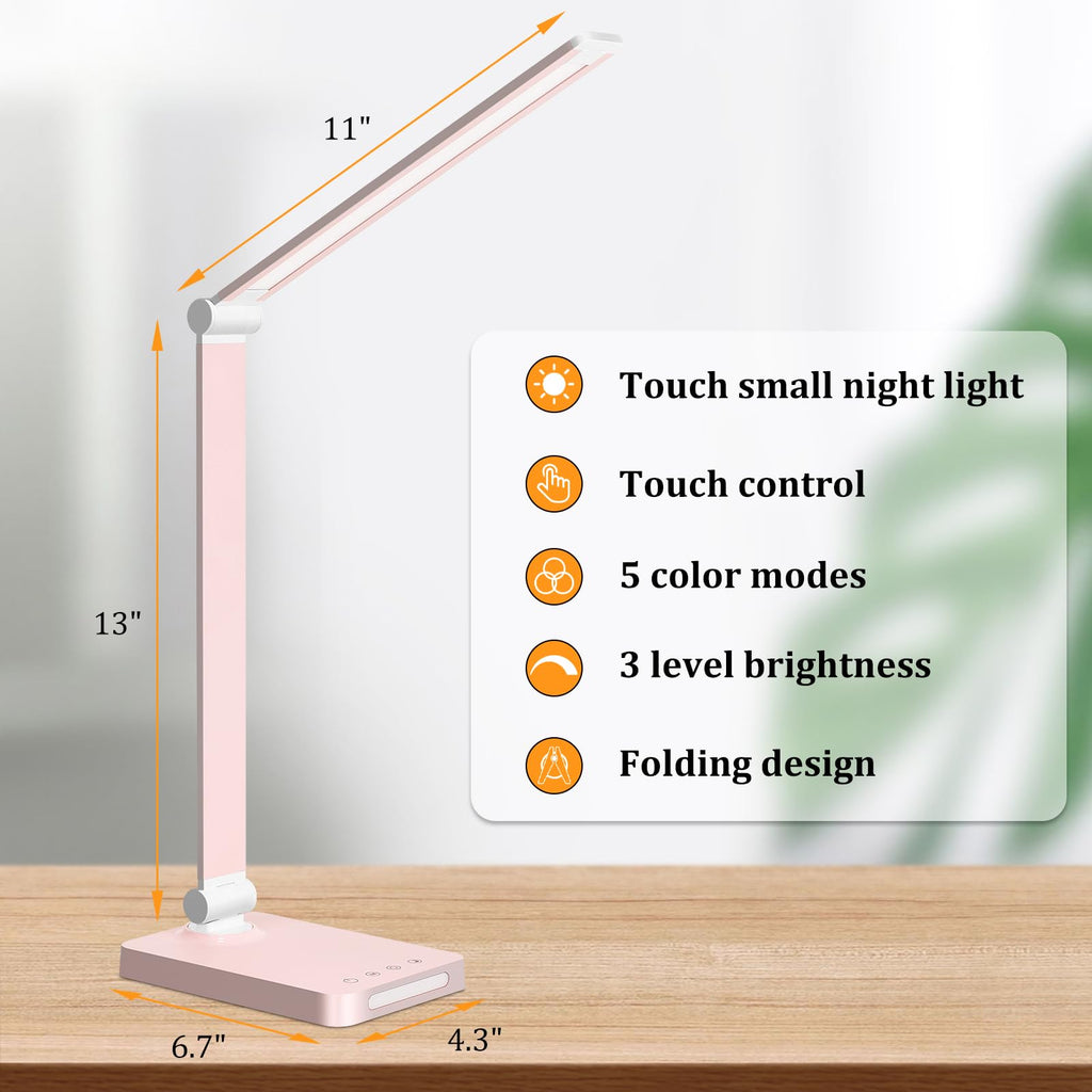 LED Desk Lamp with USB Ports,Touch Desk Lamps for Home Office with 5 Color Modes,3 Brightness Desk Light with Small Night Light,Reading Lamp Table Lamp for Bedroom Bedside Study Pink （with adapter）