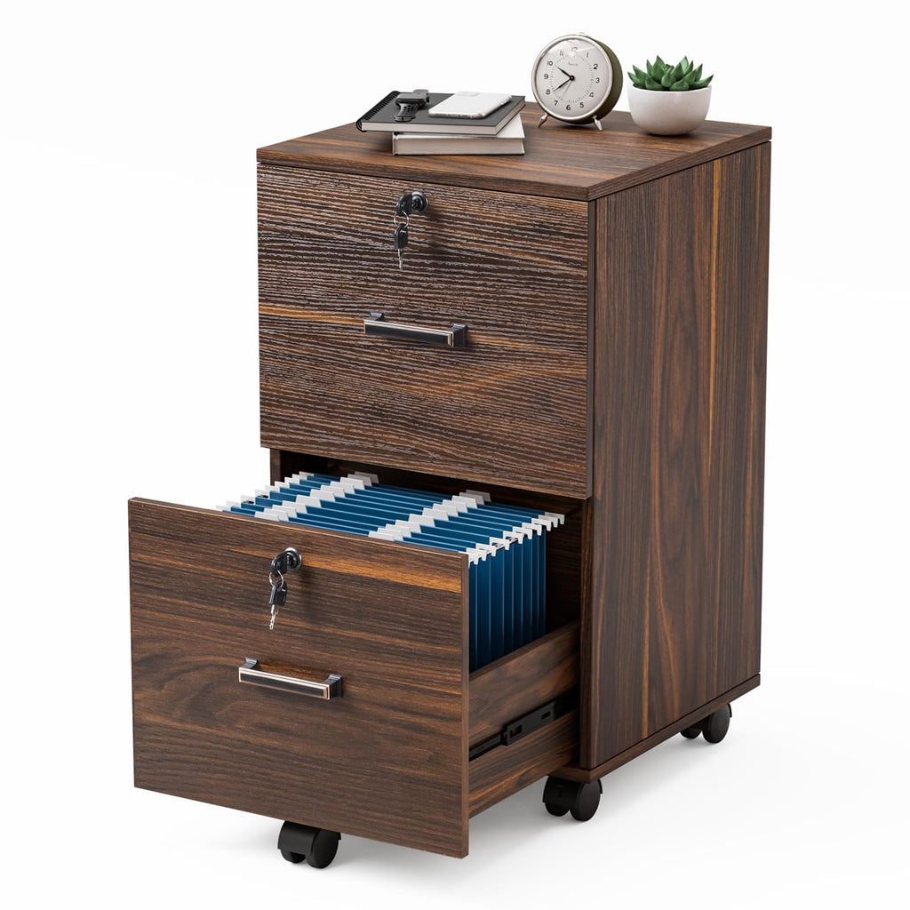 2 Drawer File Cabinet with Lock, Wood Dark Brown File Cabinets for Letter Size File Folders with Tabs, Under Desk Rolling Filing Cabinet for Home Office, Mobile File Organizer Printer Stand