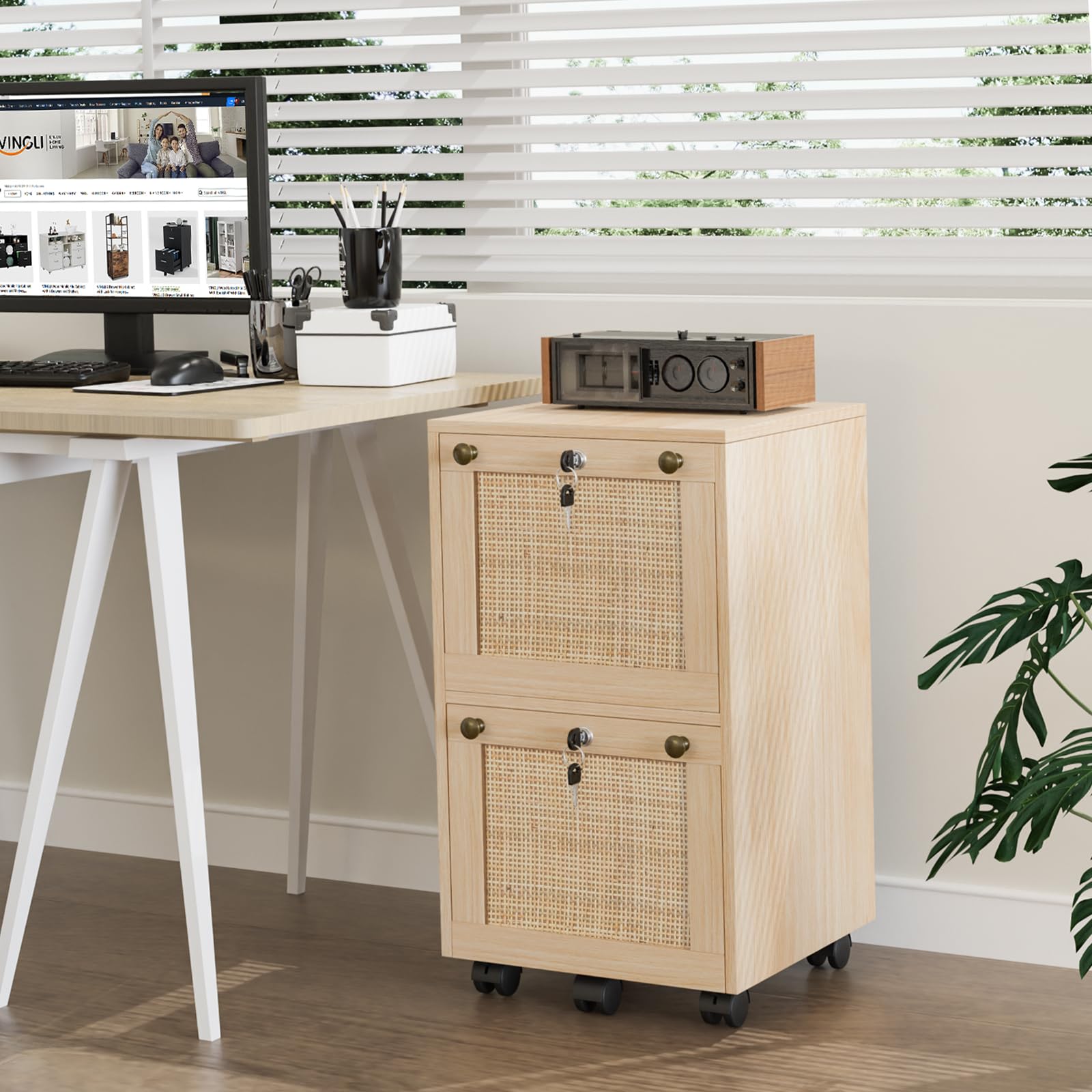 2 Drawer File Cabinet with Lock, Rolling File Cabinets for Home Office, Small Printer Stand, Wood Rattan Oak File Organizer, Under Desk Filing Cabinet on Wheels for Folders with Tabs