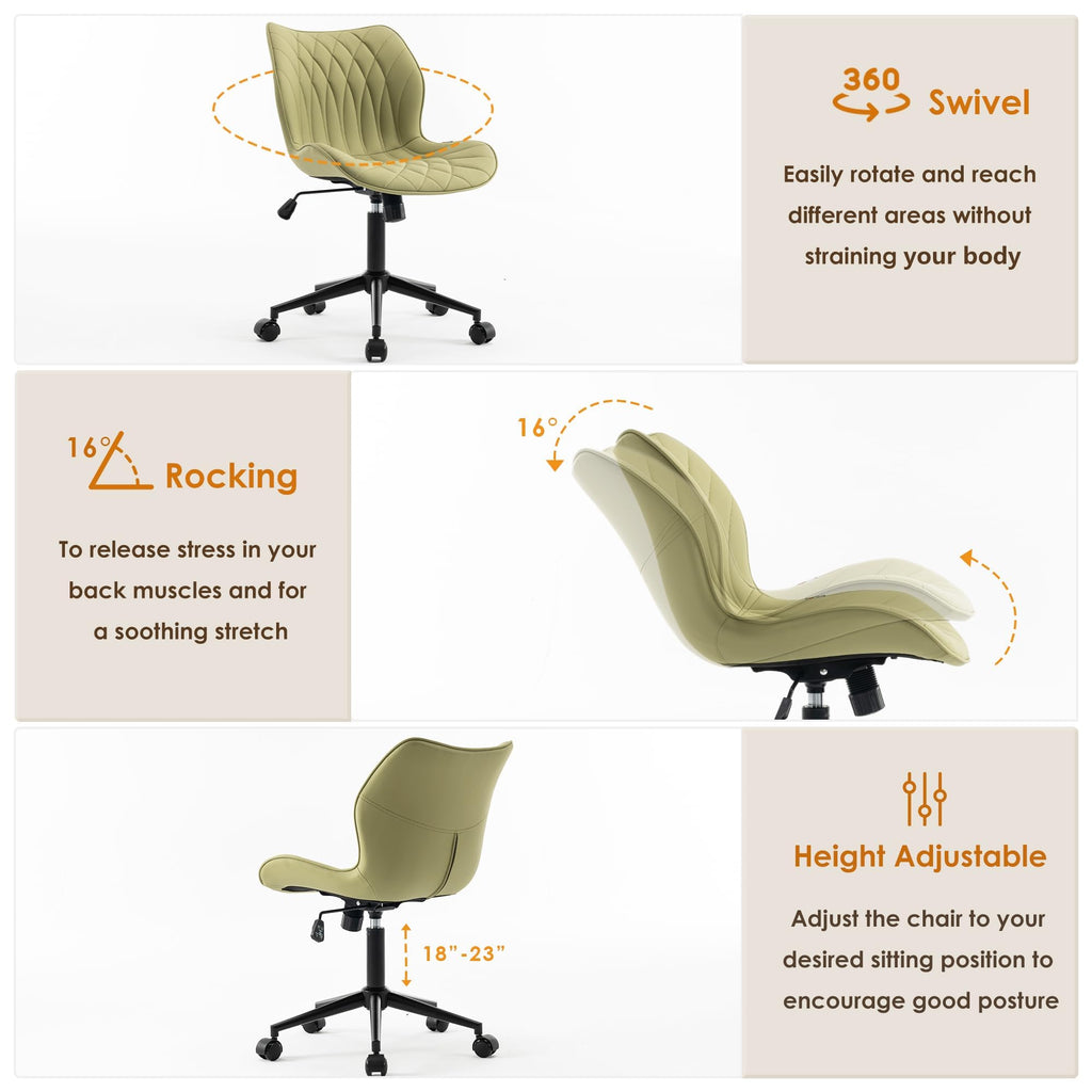 Armless Desk Chair Comfy Office Chair with Wheels Home Ergonomic Task Chair Adjustable Computer Chairs Modern Faux Leather Swivel Chair Upholstered Makeup Vanity Chair with Back(Avocado)