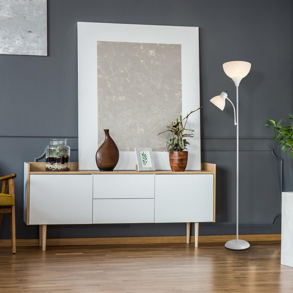 67136 72" Torchiere Floor Lamp with Adjustable Reading Light, Matte White Finish, Frosted Shades, Rotary Switch on Socket, E26 Base