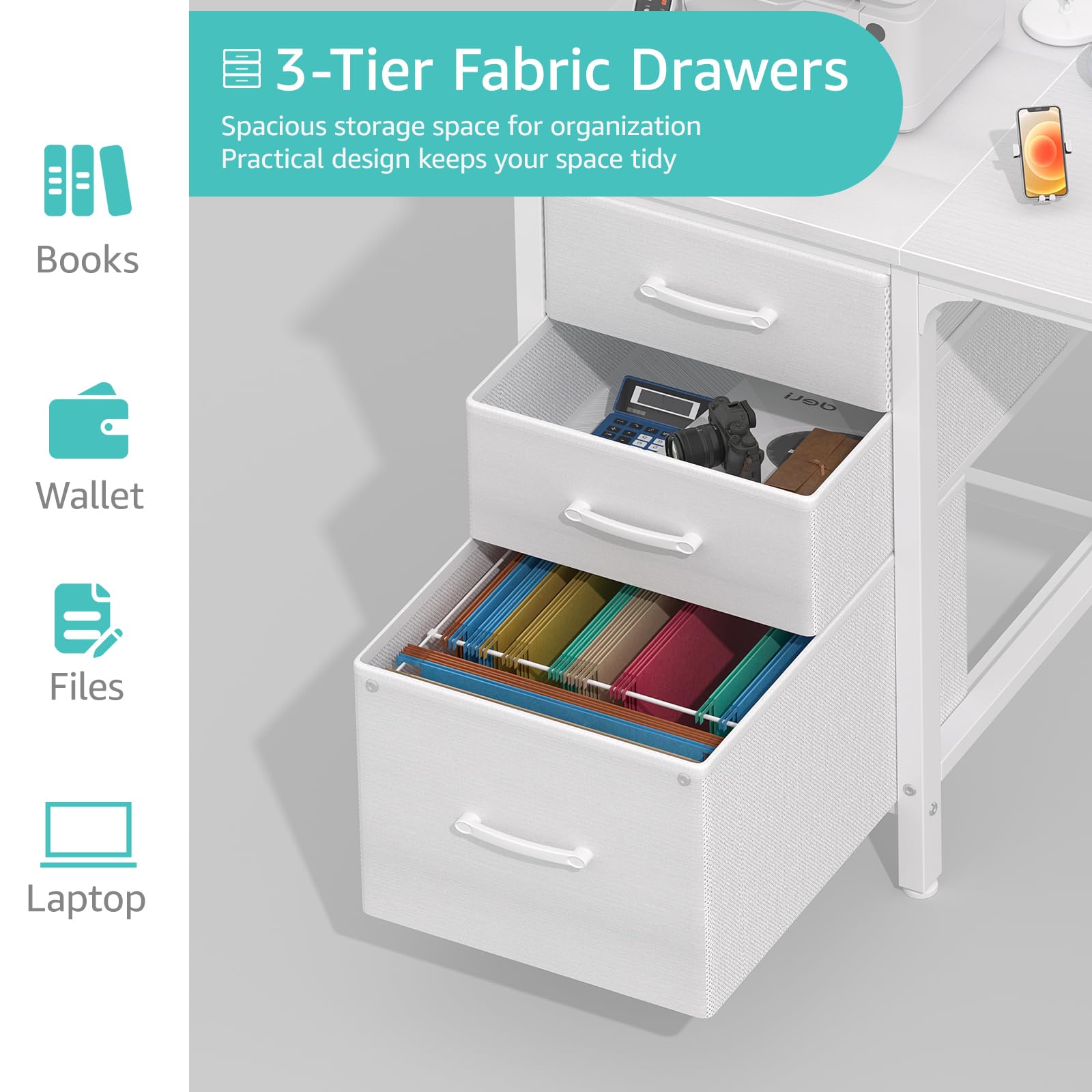 White Desk with File Drawers Cabinet, 47 Inch Reversible Computer Desk with Fabric Filing Cabinet for Bedroom Small Space Home Office, Modern Writing Table PC Desks, White