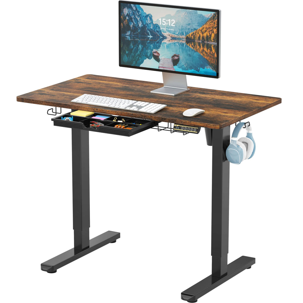 40-Inch Electric Height Adjustable Standing Desk with Drawer, Memory Preset and Cable Management Tray, Rustic Brown
