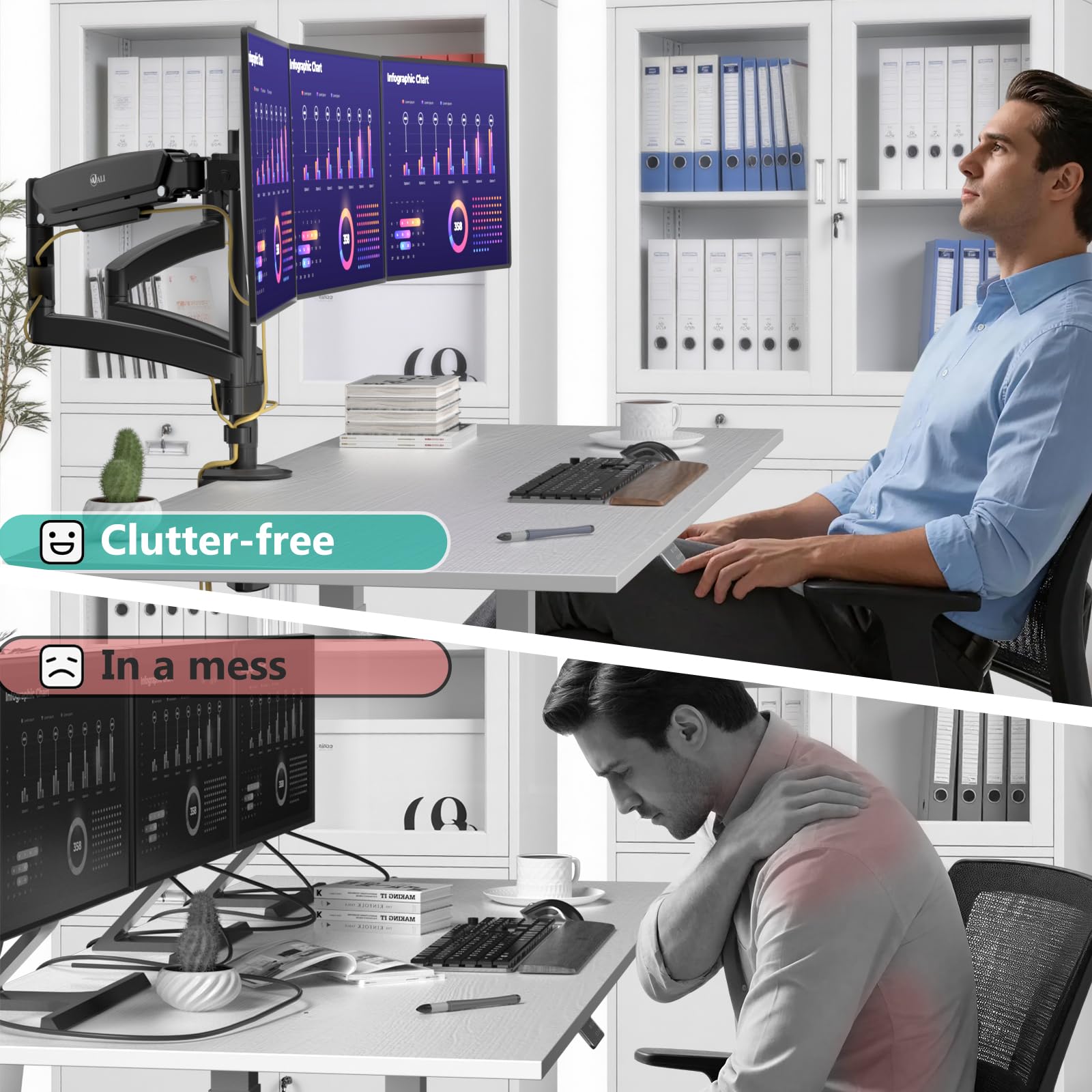 Triple Monitor Mount, 3 Monitor Desk Mount for Screens 13-33 Inch, Multiple Monitors Stand with Tilt, Swivel, Rotation, Mounting Holes 75/100 mm, Black