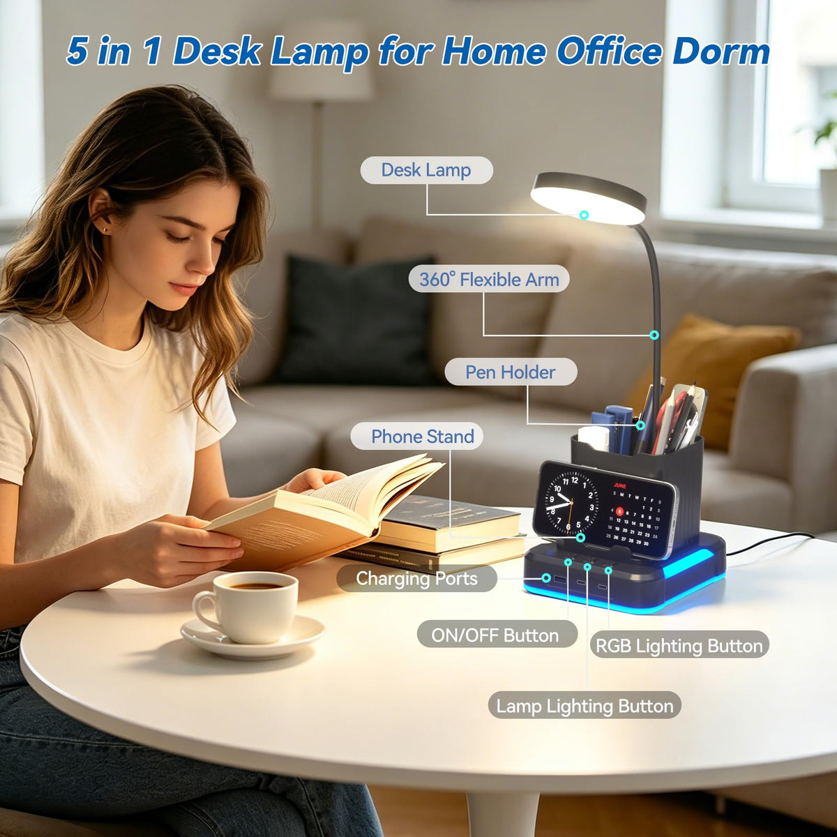 5 in 1 Desk Lamp with Charging Ports, 9 RGB Modes Gaming Table Light