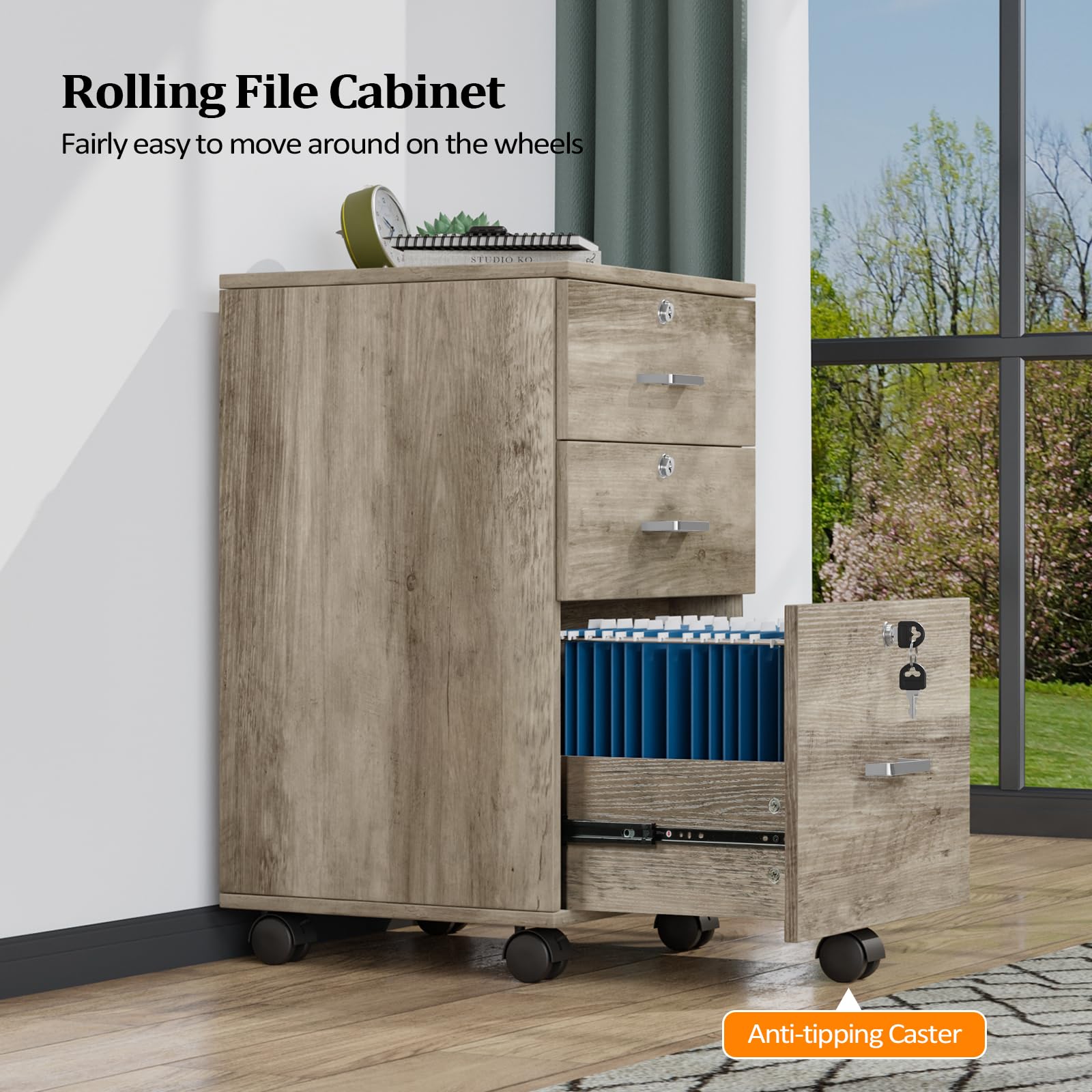 3-Drawer File Cabinet with Lock, Wood Rolling Under Desk File Cabinets for Home Office, Mobile Printer Stand & Filing Organizer for Letter Sized Files, 26" H(Caster Included), Rustic Gray