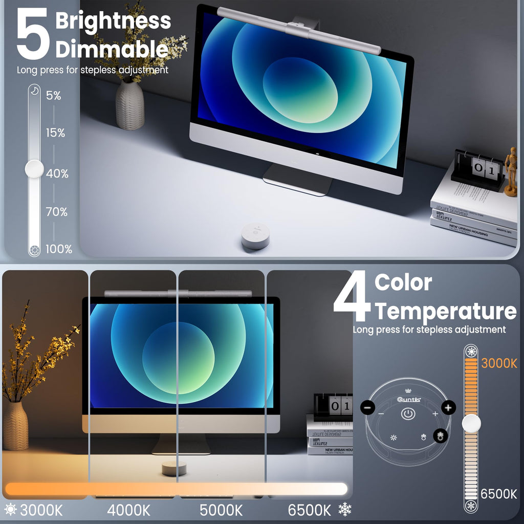 Monitor Light Bar Pro White, Eye-Care No Glare USB Computer Lamp, Stepless Dimming & Auto-Dimming Brightness, Dual Control, Modern Aesthetic Space Saving Desk Accessories Office Gaming Reading
