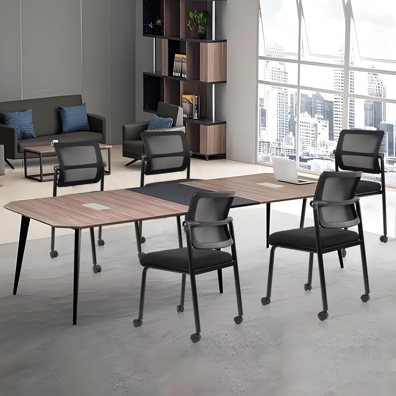Mesh Stacking Office Desk Chairs with Wheels, Portable Stackable Bulk Waiting Room Armless Chair with Adjustable Back & Fabric Seat for Guest Lobby Side School Church Conference Break, Black