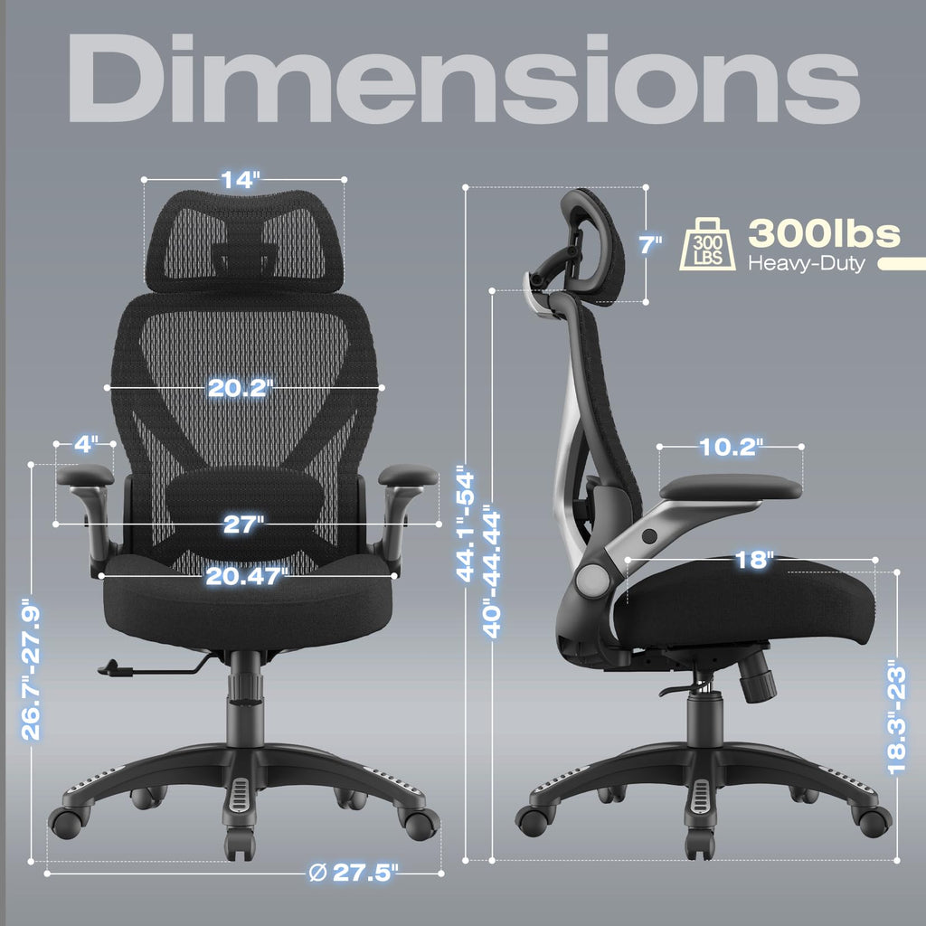 X100 Ergonomic Mesh Office Chair, Big and Tall Hone Desk Chair with 5D Flip-Up Arms, Adjustable 3D Lumbar Support,Gaming & Executive Computer Chairs for Long Hours, Padded Seat