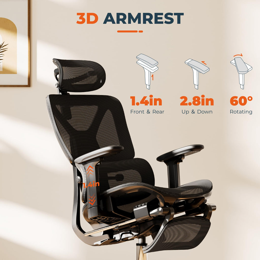 FitStand Ergonomic Office Chair High Back Computer Chairs Desk Chair with 2D Lumbar Support/Footrest/3D Headrest/Heavy Duty Metal Base, Comfortable Foam Seat Cushion, ErgoChair Ultra, Black