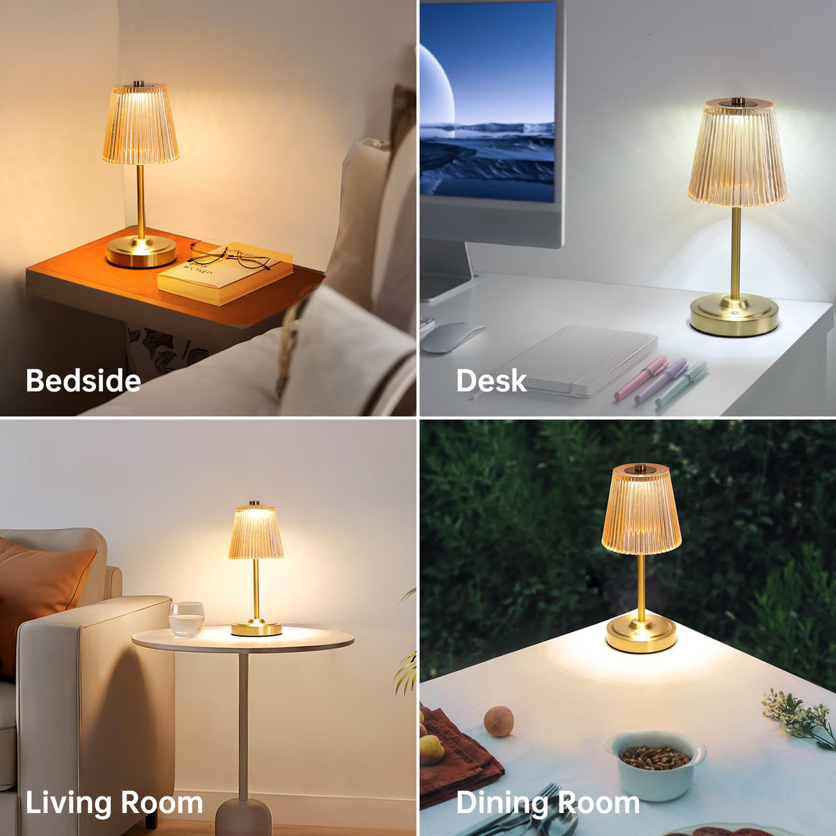 Cordless Touch Table Lamp with 5200mAh Battery - 3 Adjustable Color Temperatures & Dimmable, Rechargeable Desk Lamp for Bedroom, Living Room, Office, Entryway, Bookshelves (Amber Stripe)