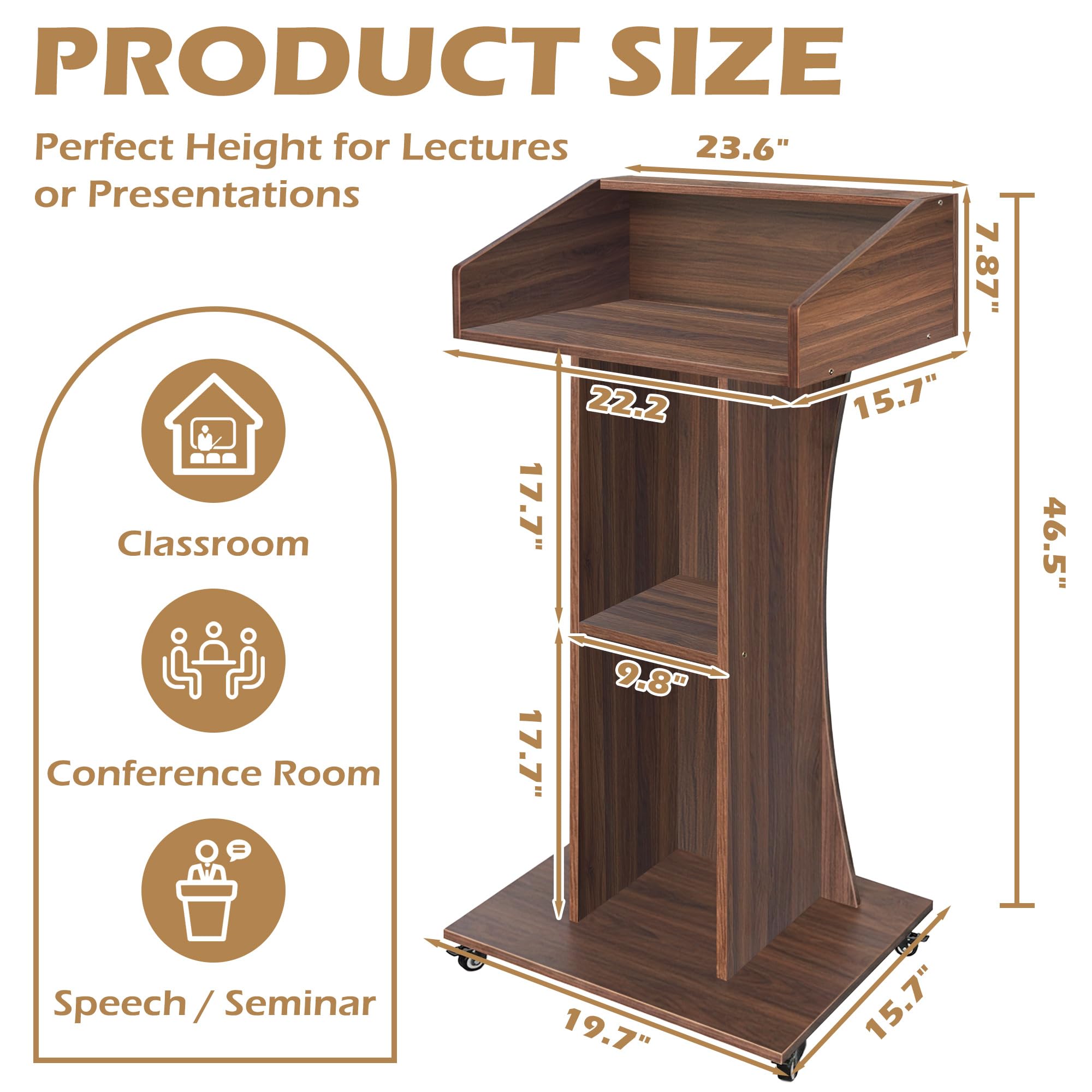 Podium Stand with Lockable Wheels,47"H Wooden Podium for Classroom, Mobile Pulpit Lectern with 3 Storage Shelves for Church, Office,Conference Room (Walnut)