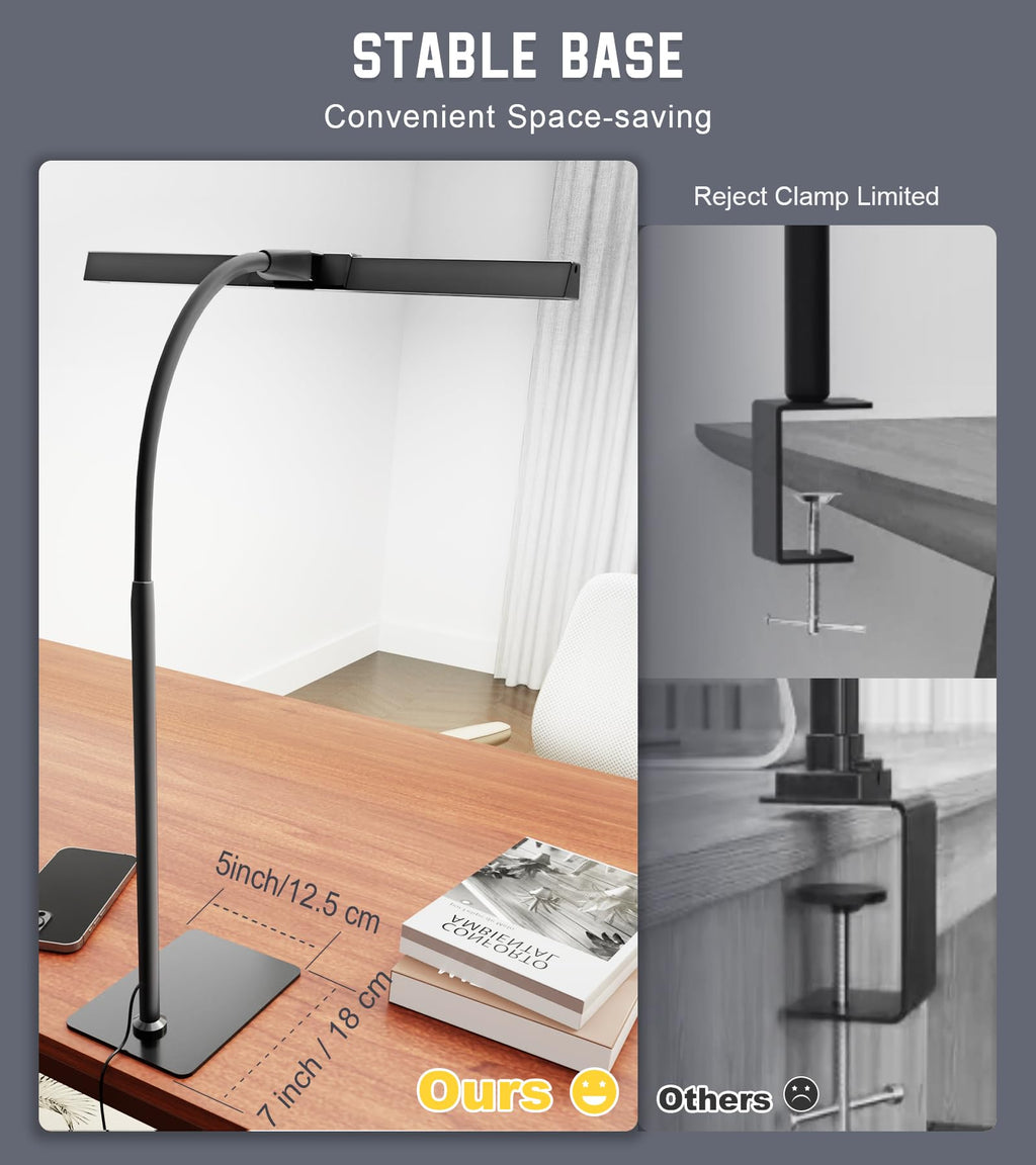 Desk Lamp for Office with Base, Eye-Caring Desk Light with Adjustable Gooseneck, 12W USB Adapter Touch Control 5 Dimmable Brightness & Color Tall Lamp for Work, Computer, Study, Task