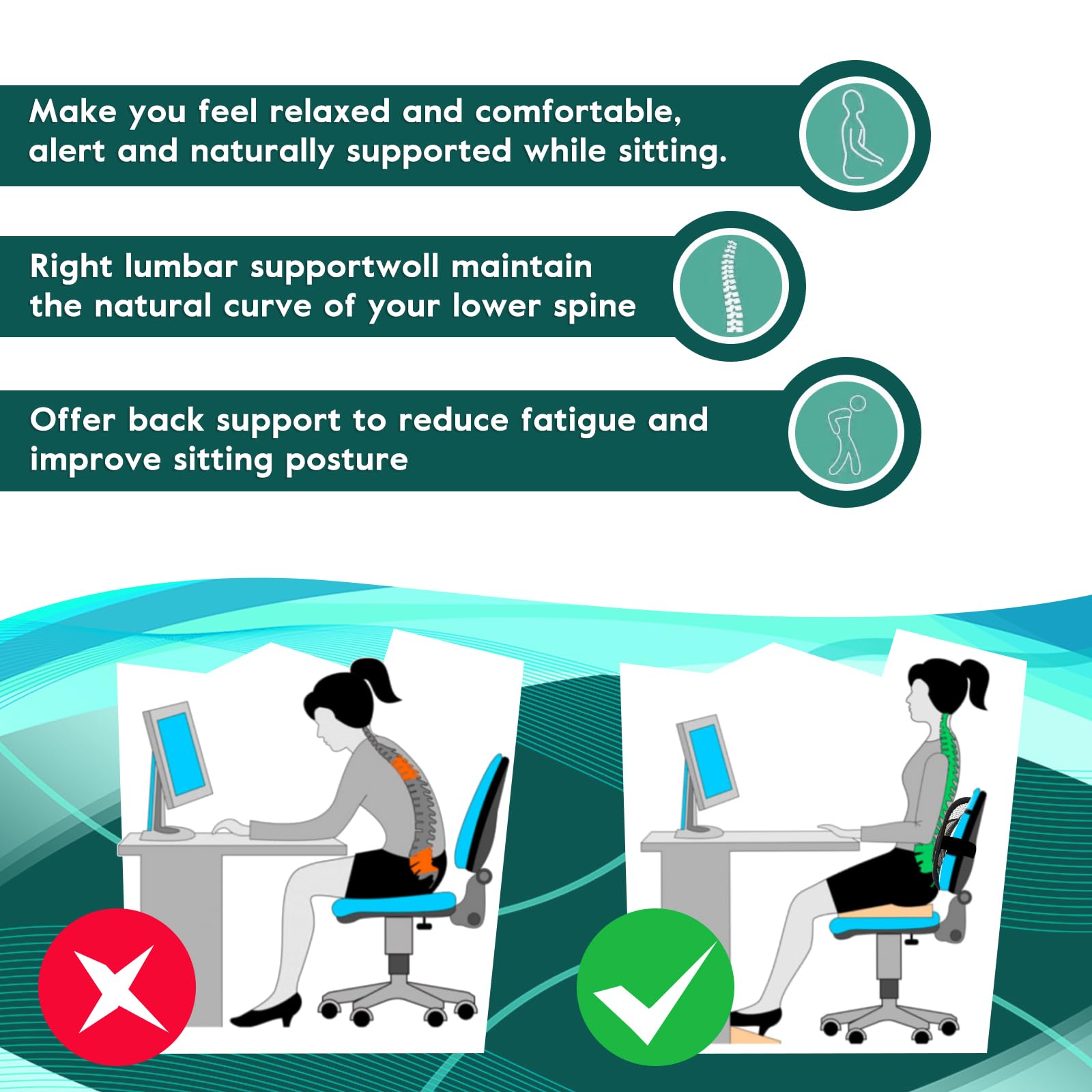 2 Pack Mesh Back Lumbar Support, Back Support Seat Cushion with Breathable Mesh for Office Chairs Car 12” x 16”