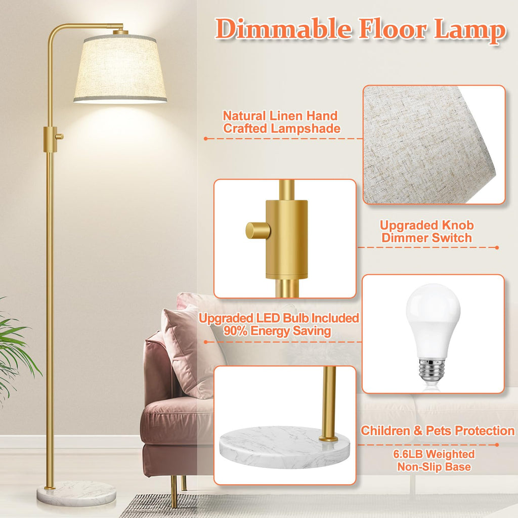 Gold Floor Lamp, 1000 LM LED Edison Bulb Included, Arc Floor Lamps for Living Room with Marble Base, Modern Standing Lamp Tall Lamps for Living Room Bedroom office