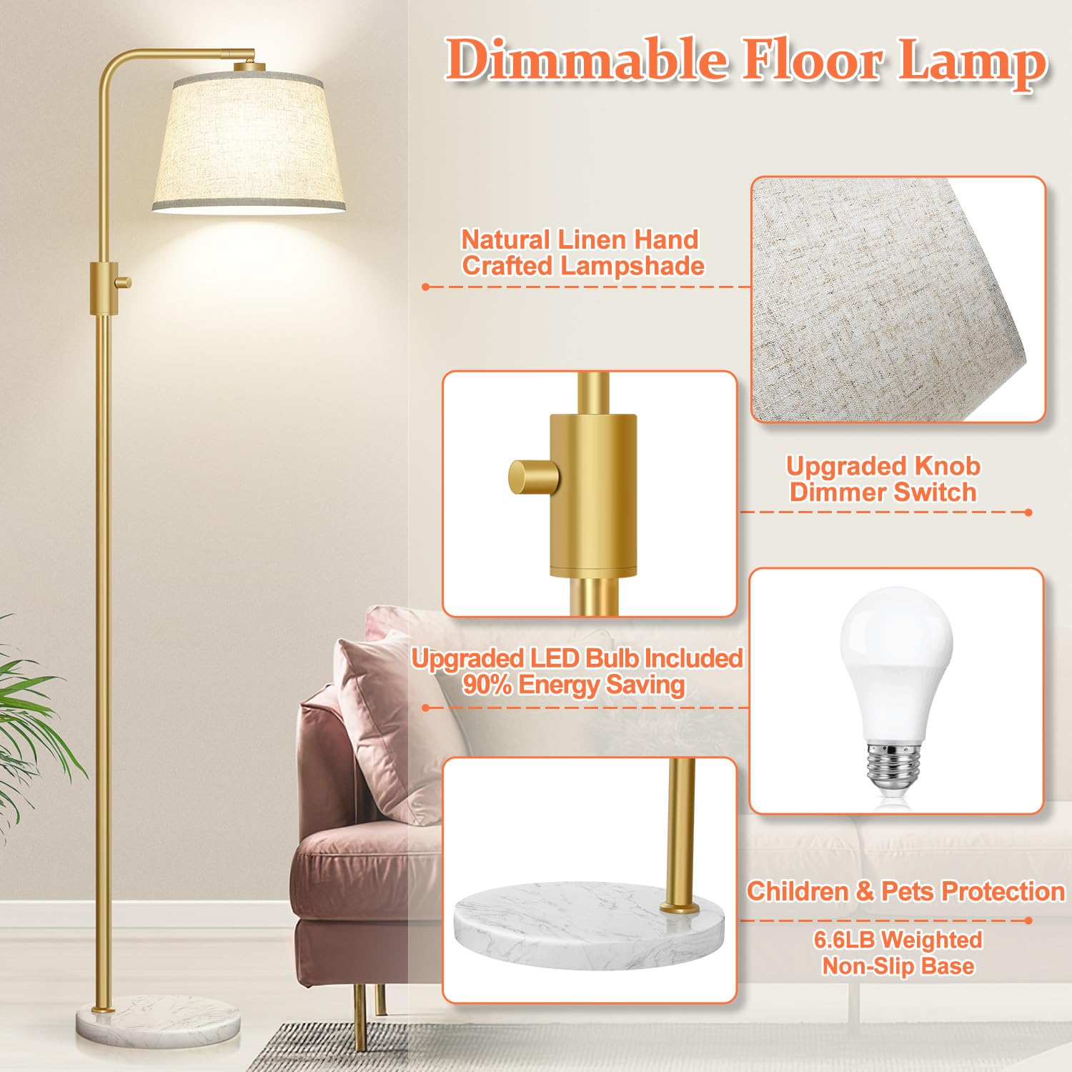 Gold Floor Lamp, 1000 LM LED Edison Bulb Included, Arc Floor Lamps for Living Room with Marble Base, Modern Standing Lamp Tall Lamps for Living Room Bedroom office