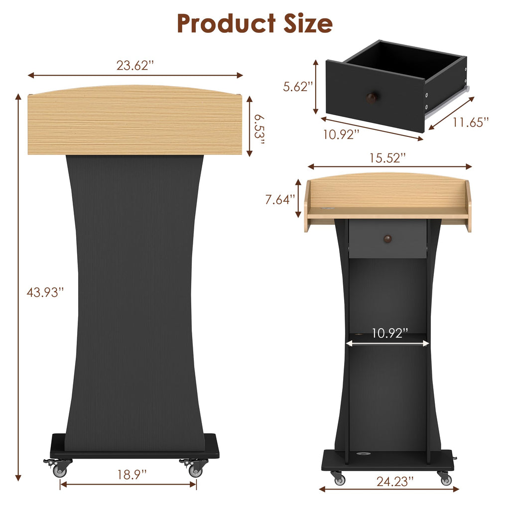 Podium Stand with Metal Wheels Wooden Teacher Lectern Portable Pulpit Standing with Drawer and Adjustable Shelf Mobile Rolling Reception Podiums for Church Office Classroom Lecture Meeting,Black+Oak