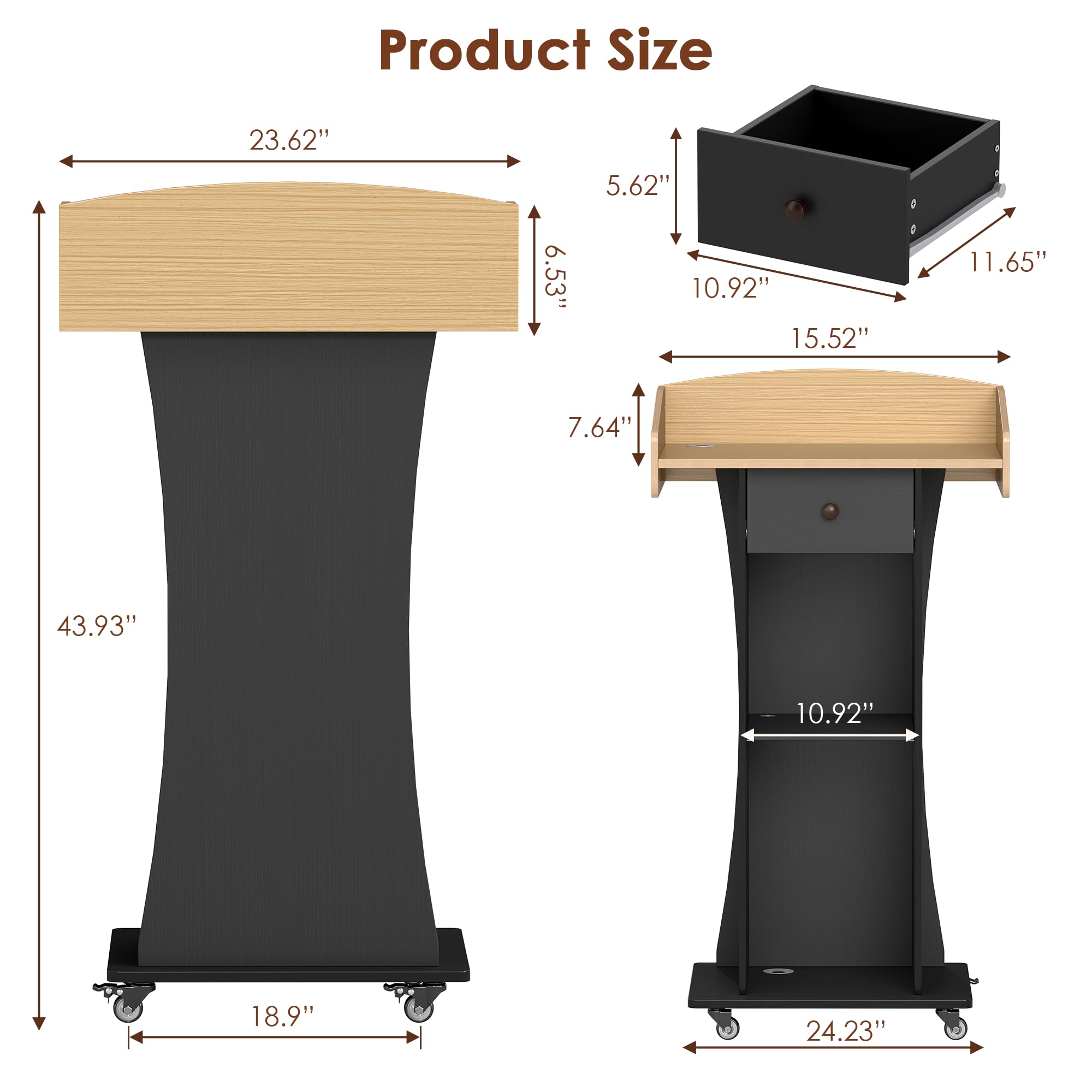 Podium Stand with Metal Wheels Wooden Teacher Lectern Portable Pulpit Standing with Drawer and Adjustable Shelf Mobile Rolling Reception Podiums for Church Office Classroom Lecture Meeting,Black+Oak