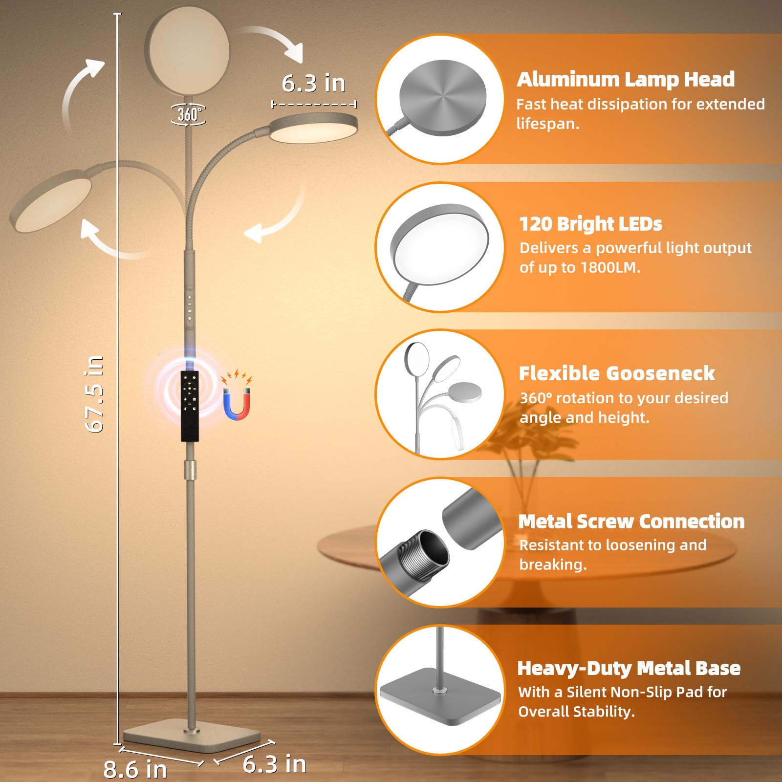 Floor Lamp, Adjustable Height Floor Lamps for Living Room Bedroom, 120 LED Super Bright Standing Lamp Remote Control Dimmable Gooseneck Tall Stand Reading Lamp for Office Craft, Matte Gray