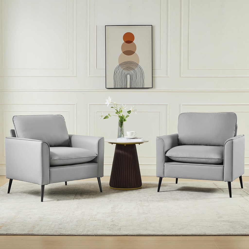 Accent Chairs Set of 2, Faux Leather Chairs, Mid Century Modern Comfy Living Room Chairs, Cozy Office Reading Chair, Reception Armchairs for Office, Bedroom, Waiting Room (Grey) (2)