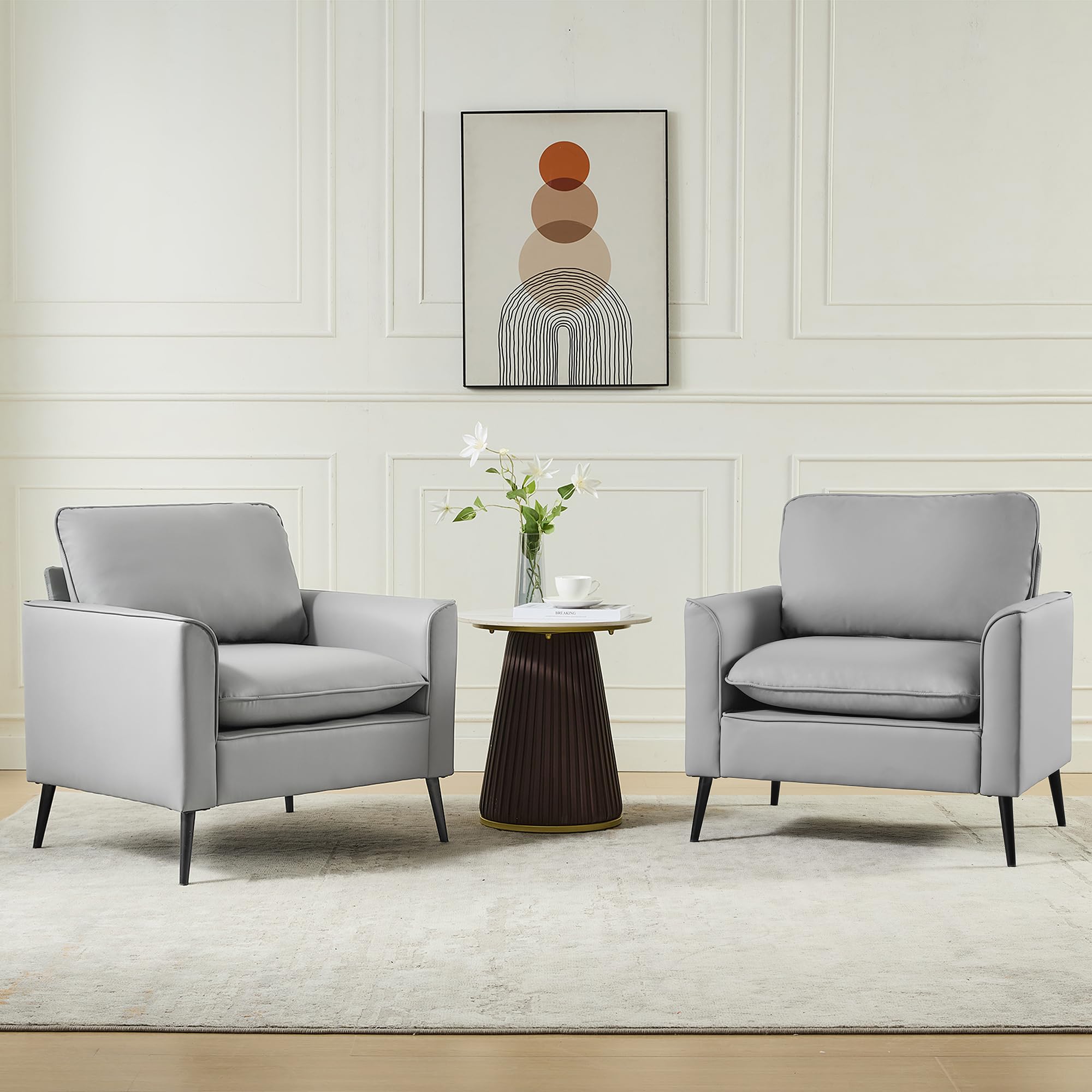Accent Chairs Set of 2, Faux Leather Chairs, Mid Century Modern Comfy Living Room Chairs, Cozy Office Reading Chair, Reception Armchairs for Office, Bedroom, Waiting Room (Grey) (2)