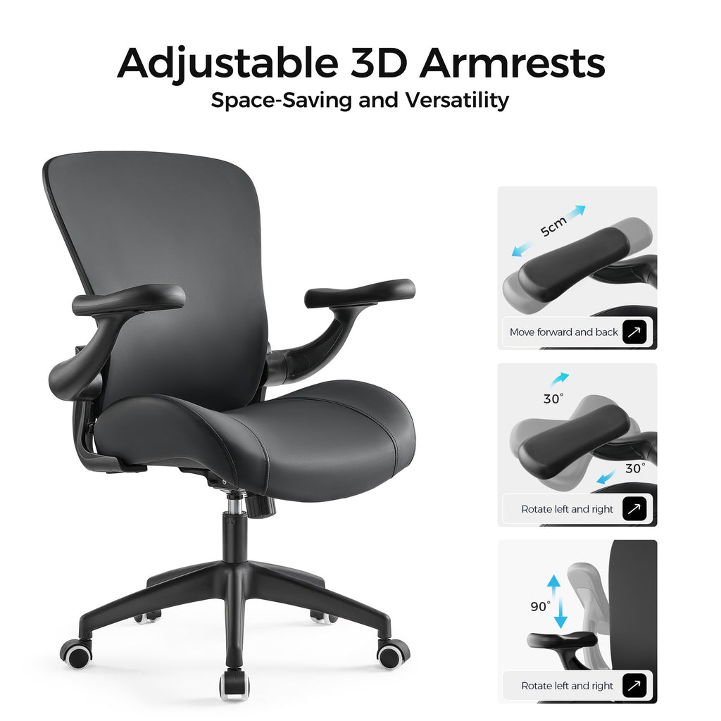 Executive Office Chair, Thick Padded PU Leather Desk Chair with Adjustable Lumbar Support and 3D Armrests, Easy-Clean for Home Office and Study Room(Pack of 1, Black)