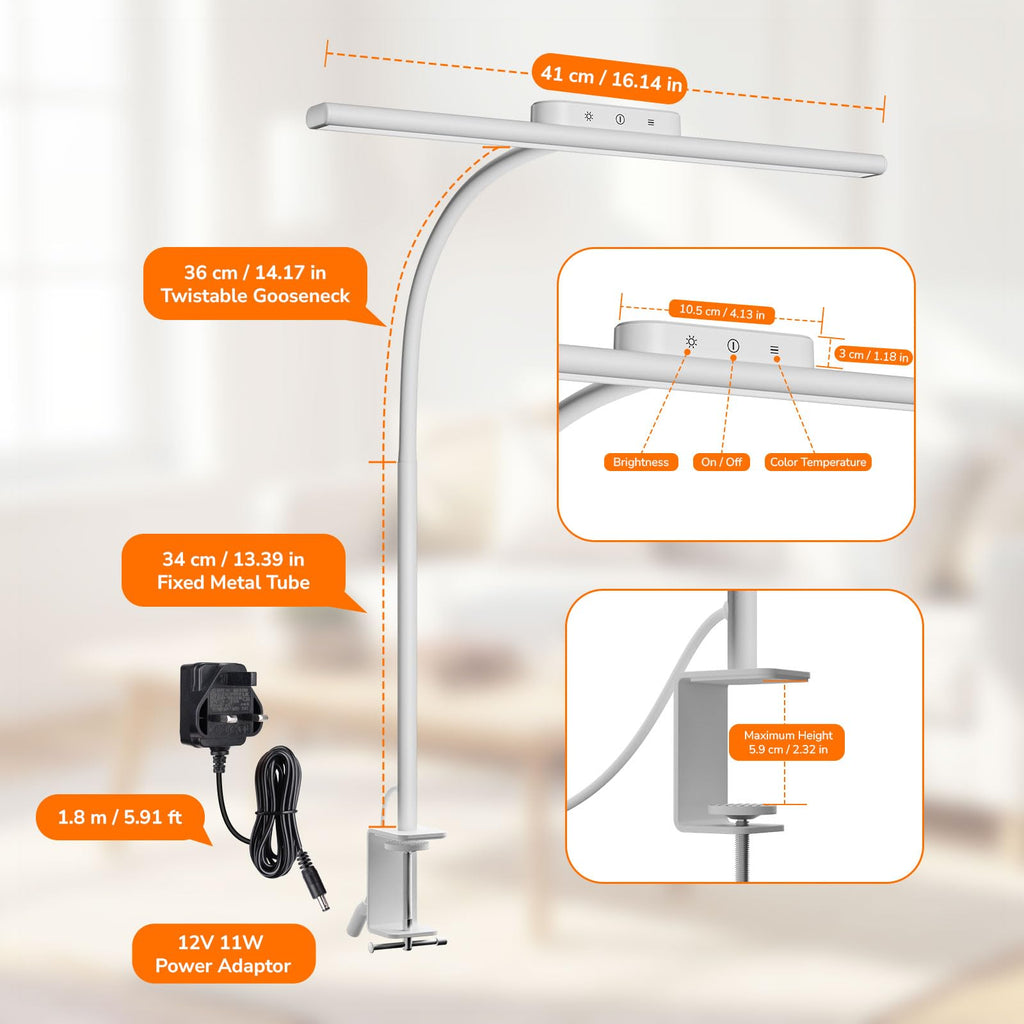 Led Desk Lamp for Office, Metal Architect Lamp with Clamp, 11W 750LM Eye-Caring Task Light, 25 Lighting Modes, Flexible Gooseneck for Monitor, Workbench, Drafting, Crafts, Reading, White