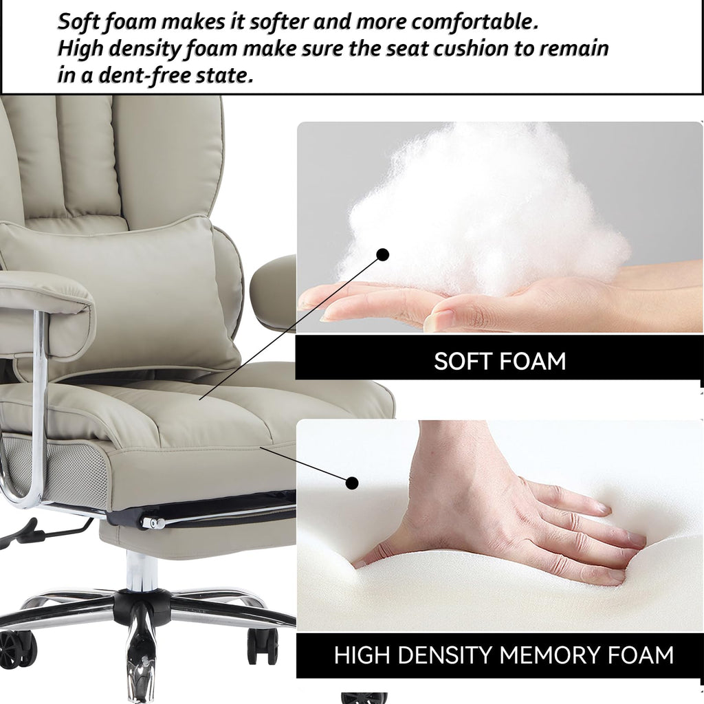 Big and Tall Office Chair 400lbs – High Back Executive Chair with Swivel Base, PU Leather Upholstery, Lumbar Pillow, Padded Armrests, and Rolling Wheels，Grey Computer Chair