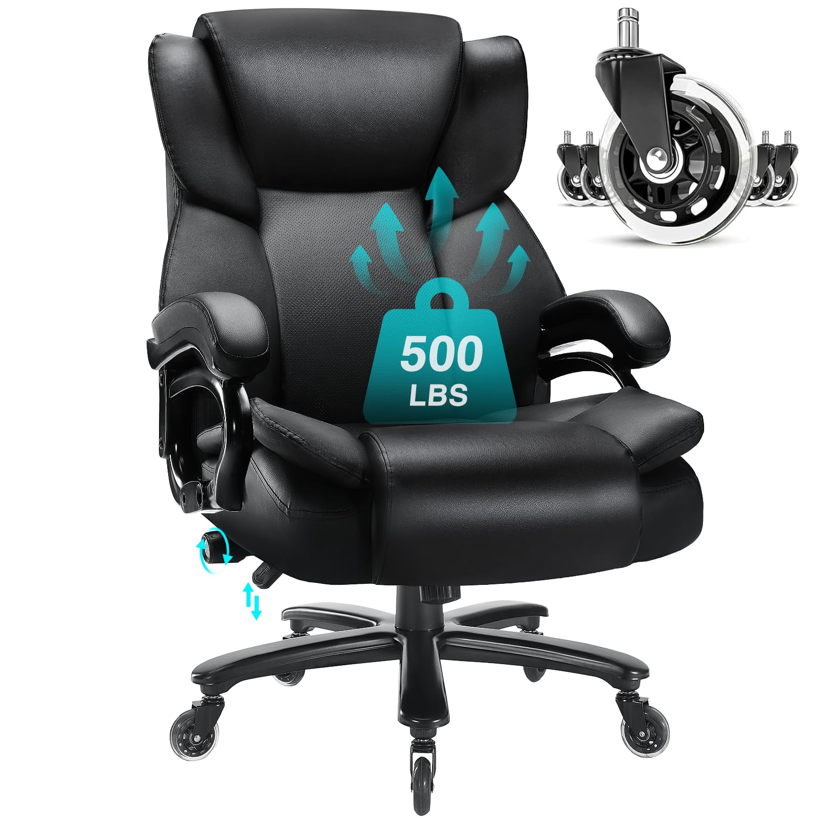 500lbs Big and Tall Office Chair, Heavy Duty Office Chair for Heavy People, High Back Executive Desk Chair with Adjustable Lumbar Support,Quiet Rubber Wheel,Pocket Spring Cushion