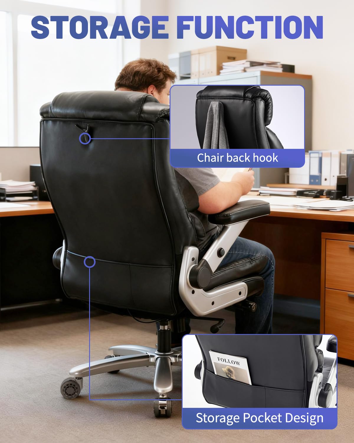 800LBS Big and Tall Office Chair for Heavy People, Heavy Duty Executive Chair with High Back, Extra Wide Seat and Adjustable Lumbar, Large Computer Desk Chair with 5D Flip Arms for Home Office