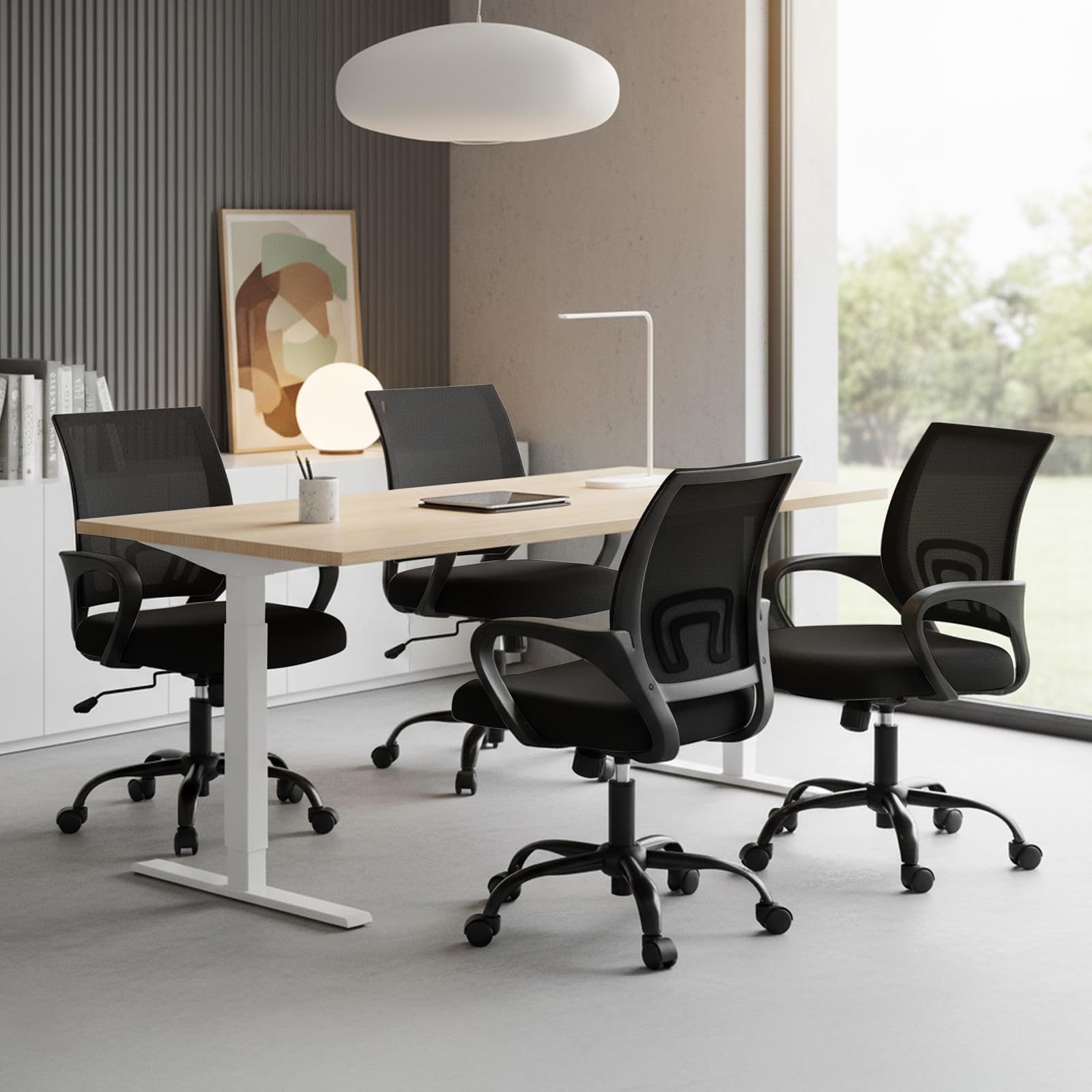 Office Desk Chair - Ergonomic Mid Back with Lumbar Support & Rocking Mode, Height Adjustable with Fixed Armrest, Storage Back for Computer, Gaming, Conference, Meeting, 360° Swivel, Black