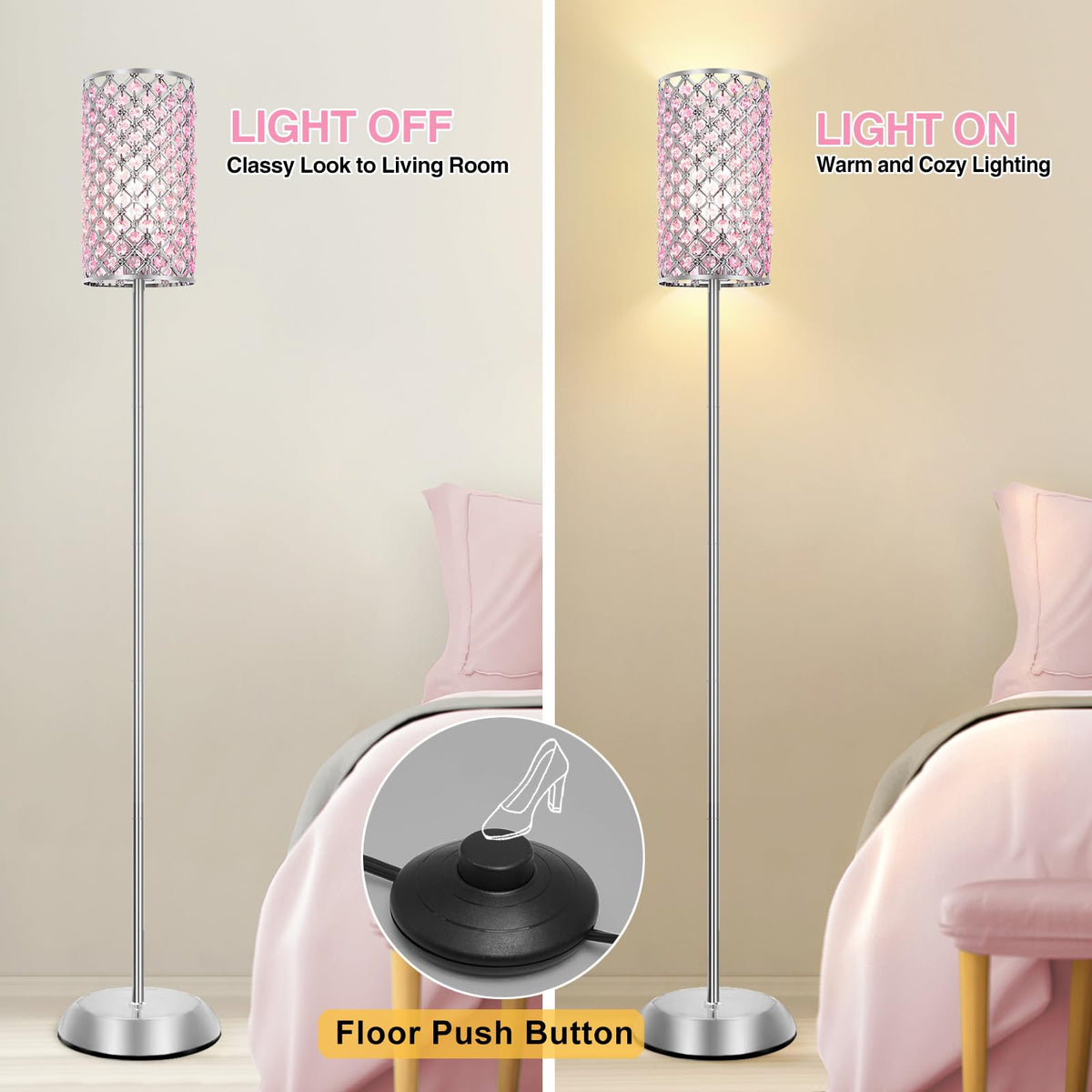 Crystal Floor Lamp for Bedroom, Living Room Pink Floor Lamps Modern Tall Lamp with On/Off Foot Switch Glam Standing Light for Girls Bedroom Minimalism Pole Corner Lamp for Office Dorm Hotel