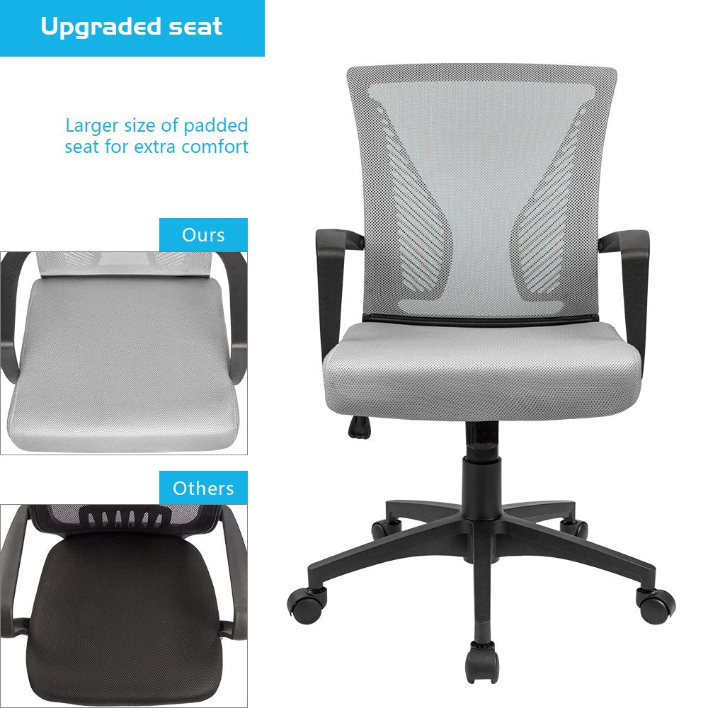 Office Chair Ergonomic Computer Desk Mesh Chair Mid Back Swivel Lumbar Support with Armrest (1, Gray)
