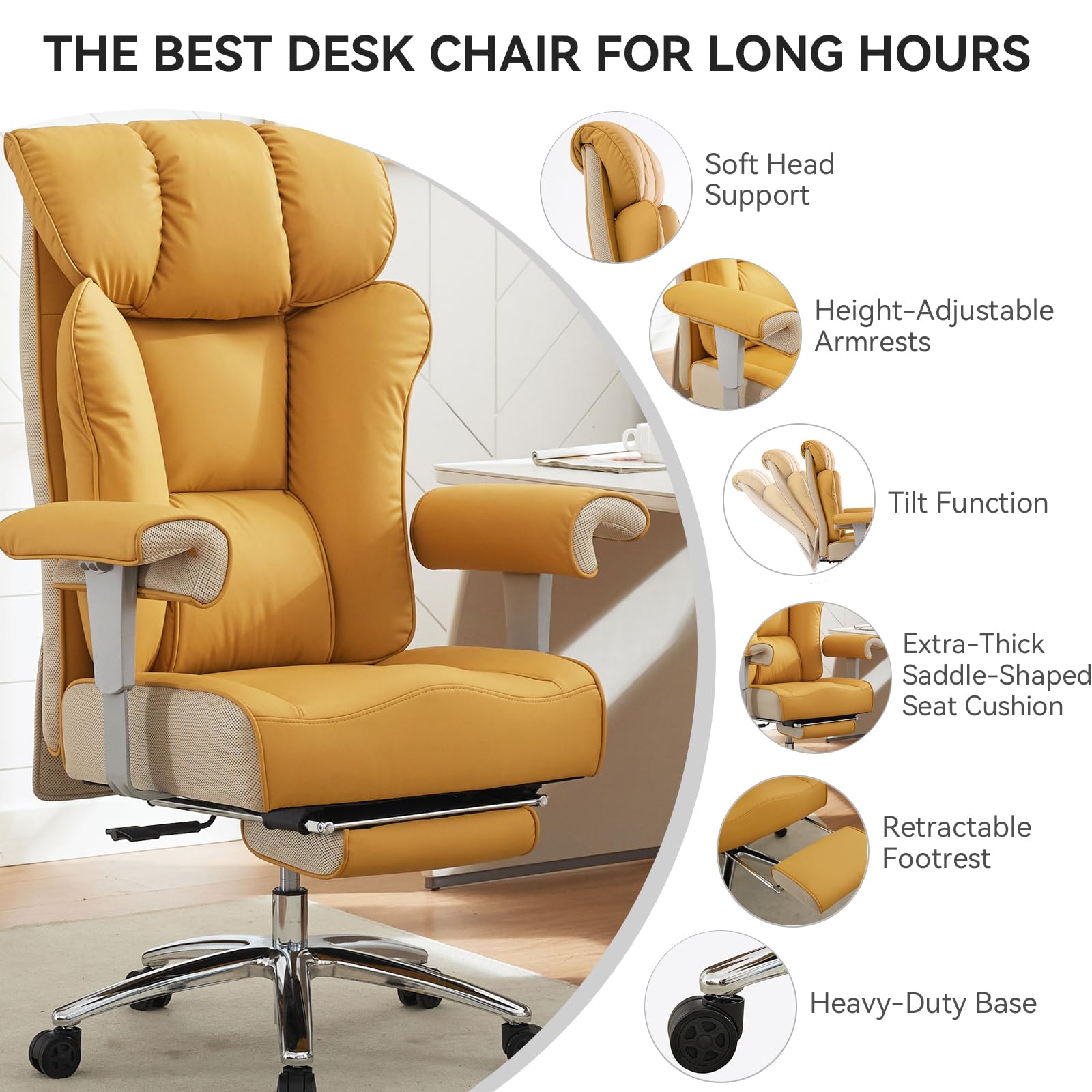 Big and Tall Green Office Chair 450LBS – Ergonomic High-Back Executive Chair with Footrest, Adjustable Padded Armrests, PU Leather Computer Chair with Lumbar Support for Home or Office, Yellow