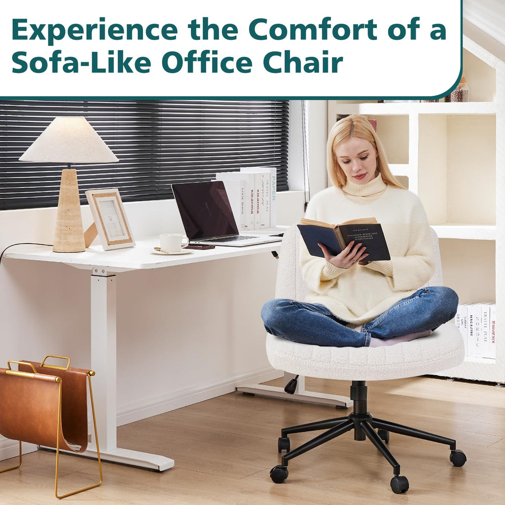 Criss Cross Chair with Wheels Wide Cross Legged Office Desk Vanity Chair Comfy Fabric Armless Adjustable Swivel for Home Computer Task Teddy Beige