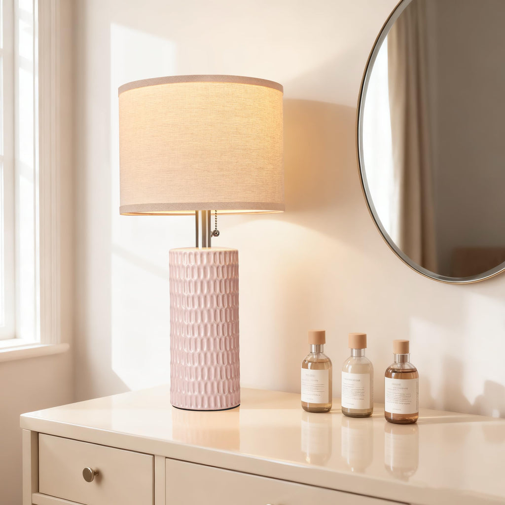 20.5" Modern Ceramic Table Lamps for Bedroom Set of 2, Bedside Lamps for Night Stands with Beige Lampshade, Farmhouse Table Lamp for Living Room Office Dorm, Pink