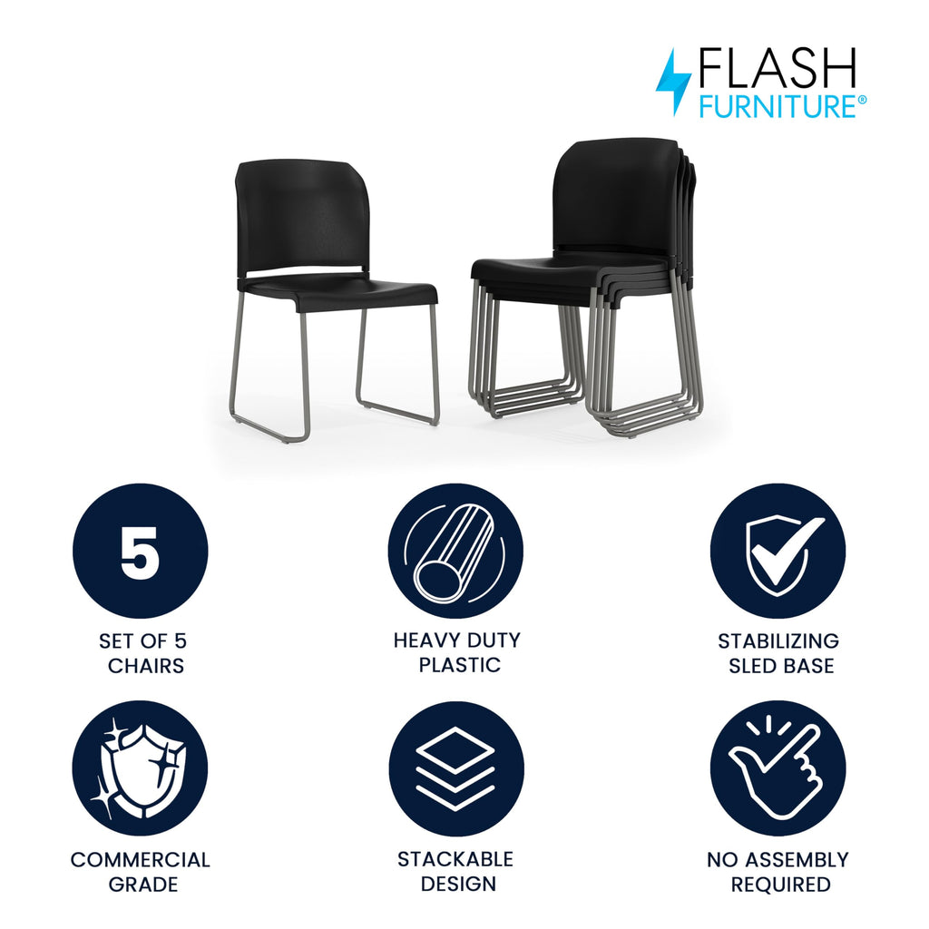 Set of 5, Hercules Series Contoured Stacking Chairs for Waiting Rooms and Offices, Ergonomic Lobby Chairs with Curved Back, Black