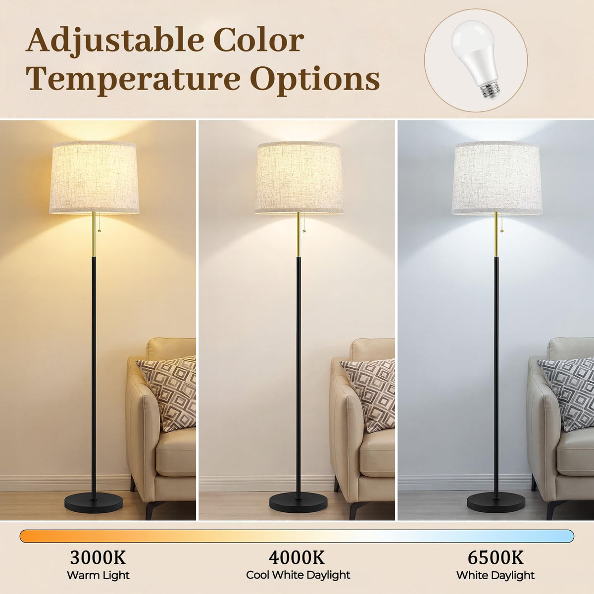 Floor Lamps for Living Room & Bedroom, 60" Modern Tall Standing Lamp, 3CCT