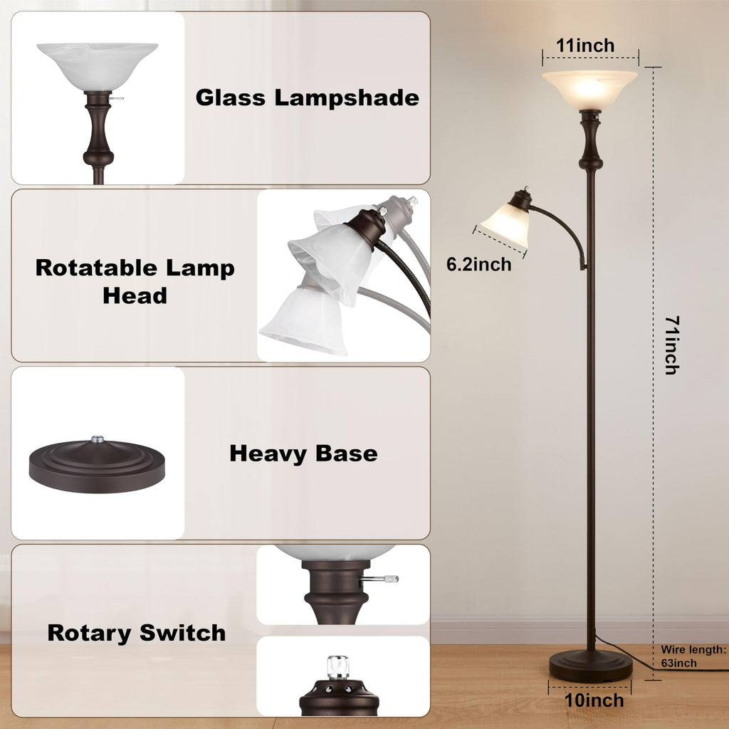 Torchiere Brown Floor Lamp with Adjustable Angle Reading Lamp-71IN