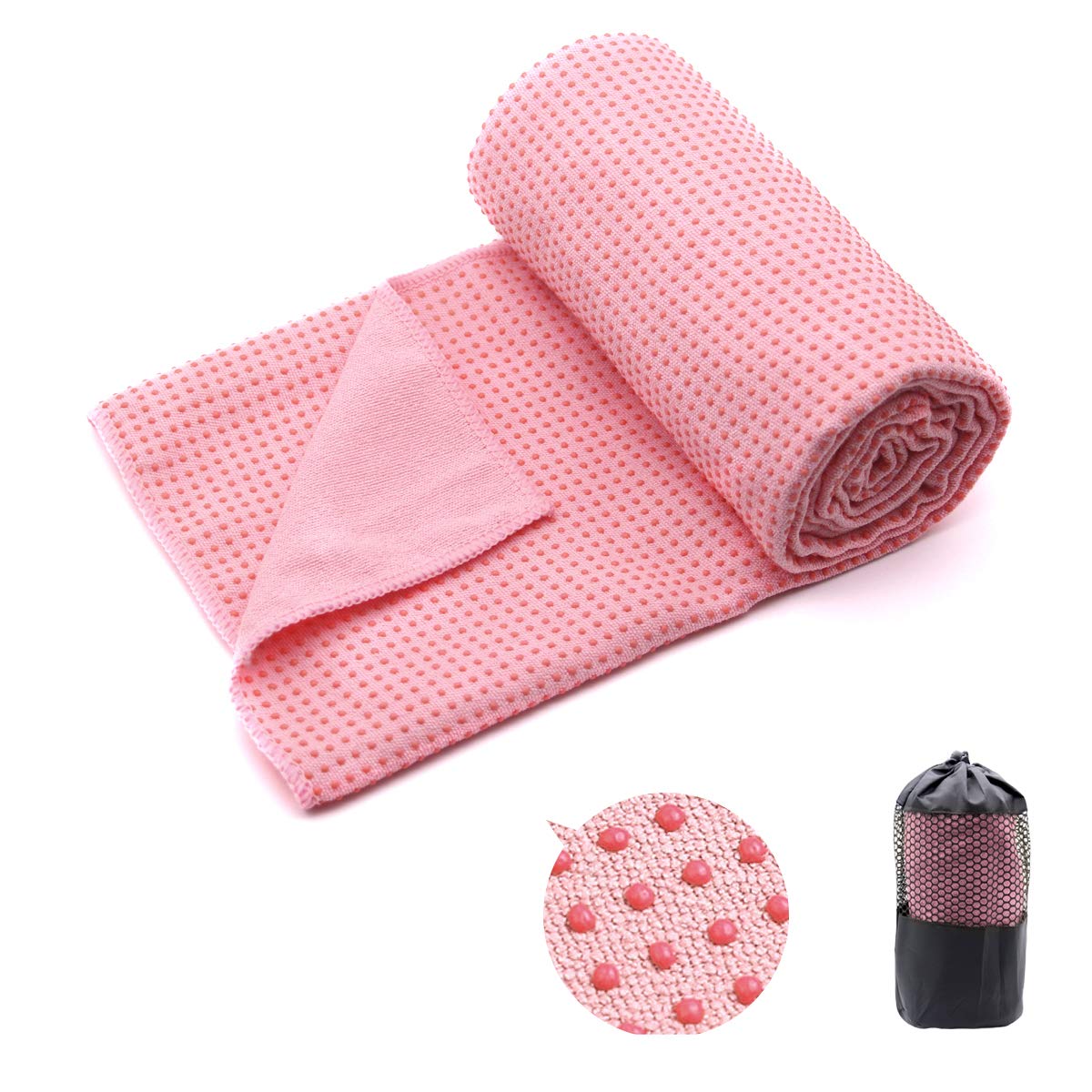 Yoga Towel,Hot Yoga Mat Towel with Grip Dots Sweat Absorbent Non-Slip for Hot Yoga, Pilates and Workout 24" x72", Pink